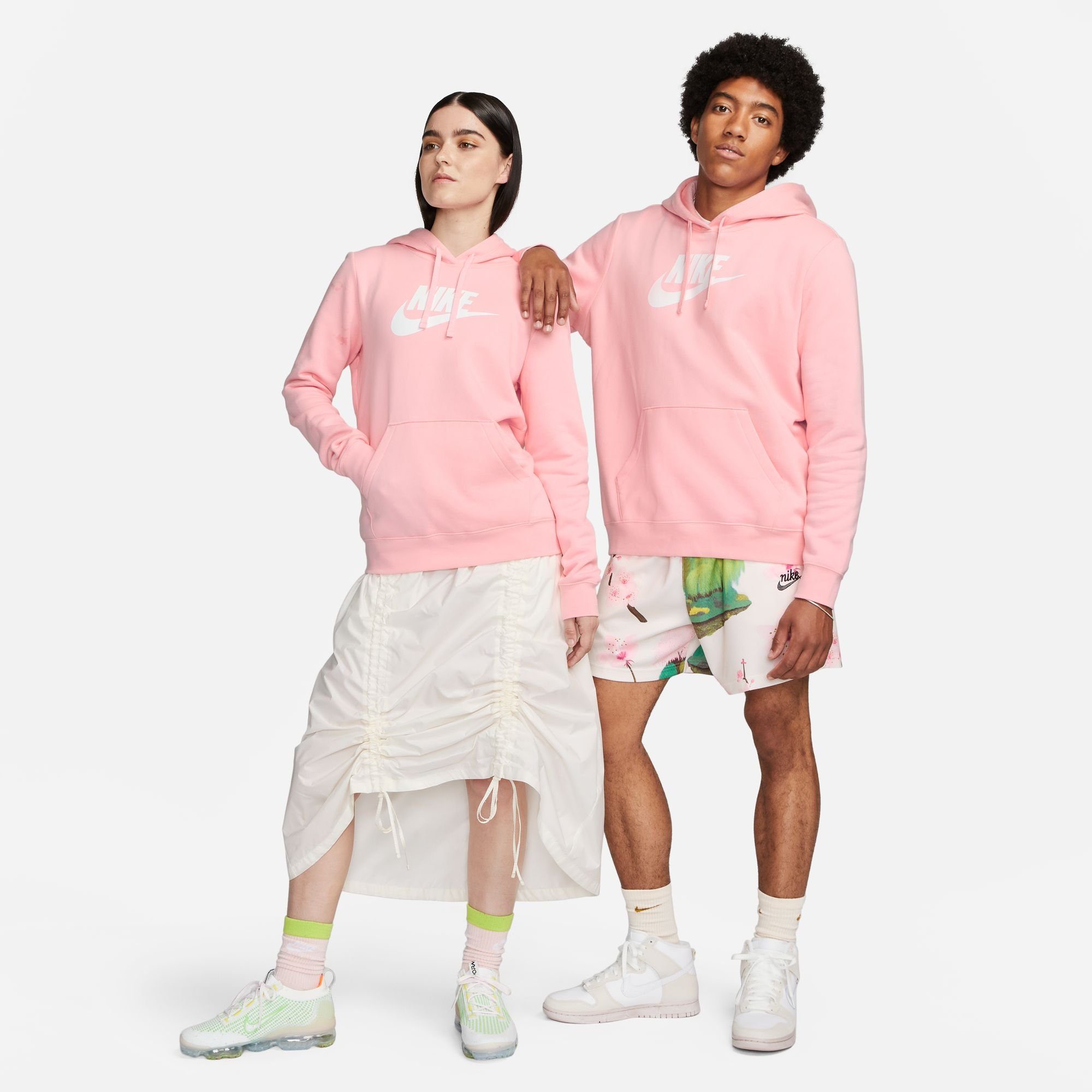 Nike Fleece Sportswear MED PINK/WHITE Hoodie SOFT Logo Women's Kapuzensweatshirt Club Pullover
