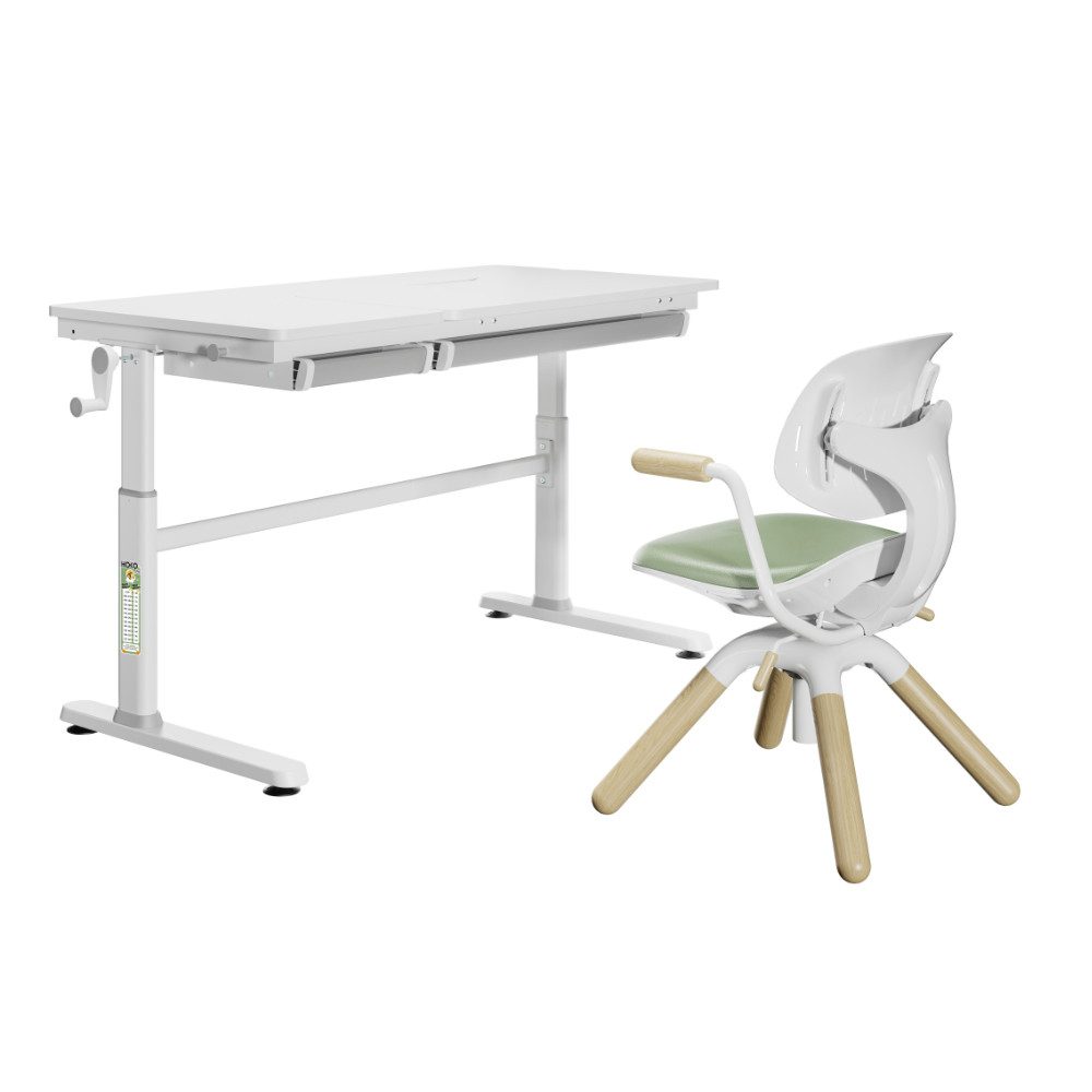 HOKO Kinderschreibtisch höhenverstellbar für Kinderzimmer (Schreibtisch, mit 2 Schubladen und 80x40 cm neigbarer Tischplatte), 120x60 cm Arbeitsfläche