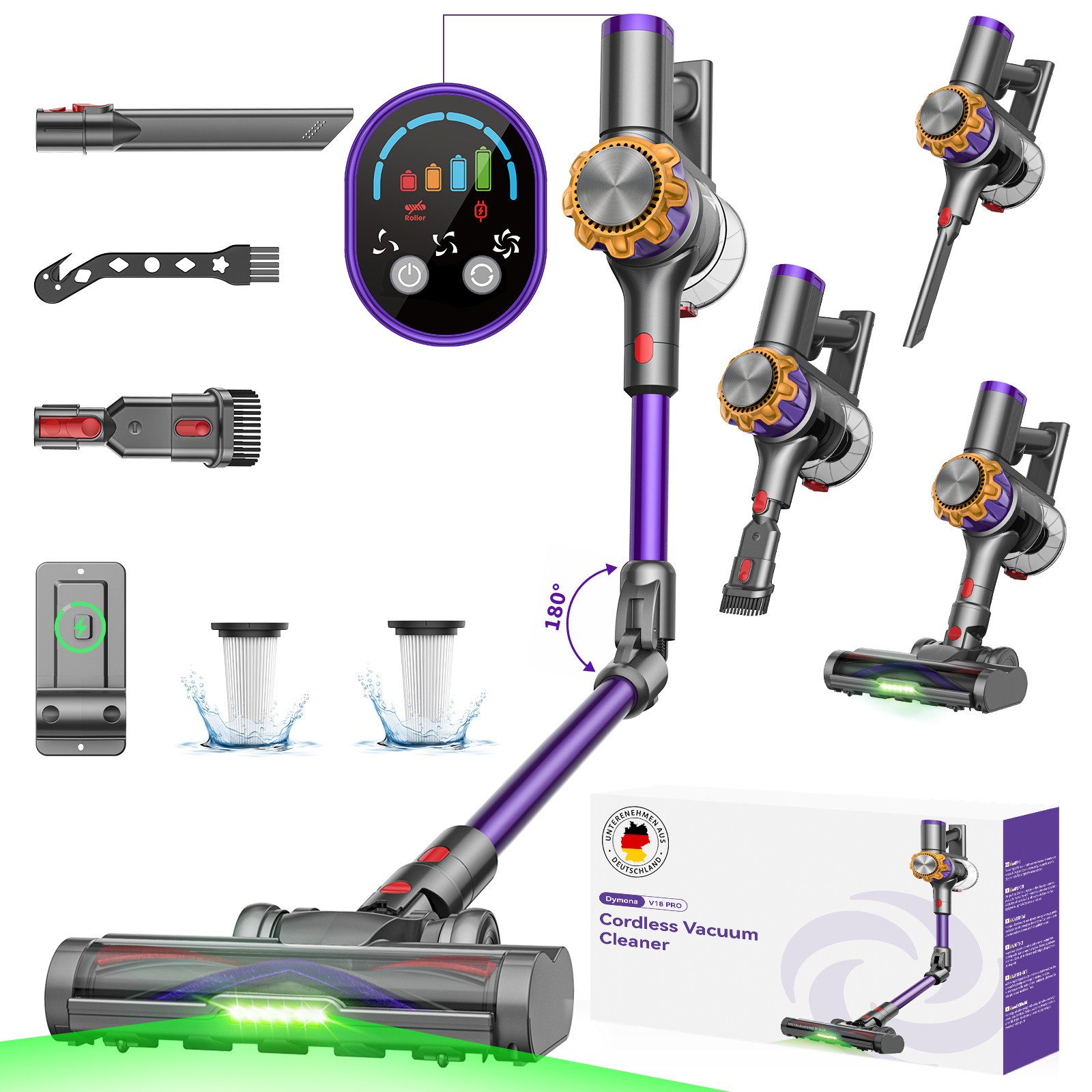 DyMona Akku-Hand-und Stielstaubsauger Akkustaubsauger 75000Pa/600W/70Min Staubsauger Kabellos Selbststehend, Elektrischer Staubsauger mit Flexibles Biegegelenk,1,2L Behalter, Anti-Tangle,Green LED,für Hartböden Teppiche Tierhaare Auto