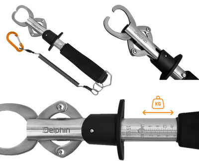 Delphin.sk Anglerzange Fischgreifer CLAMPER mit 15kg Waage Kabel Karabiner Landehilfe Gripper, Spar-Set, Landehilfe aus Metall, mit der Sie große Raubfische bewältigen können