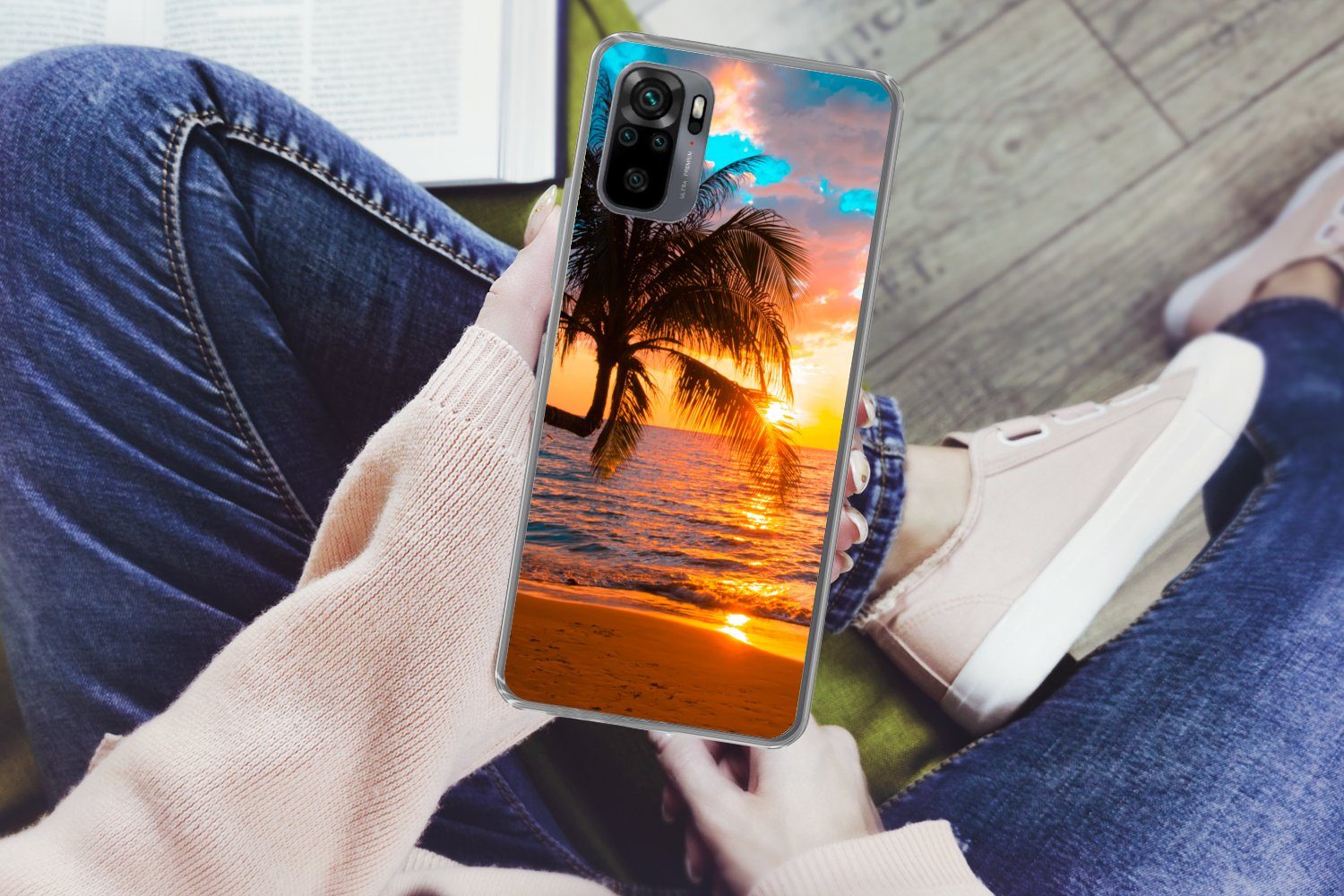 MuchoWow Handyhülle für Xiaomi Redmi Note 10S Palme - Sonnenuntergang - Horizont - Strand, Phone Case, Silikon, Schutzhülle Dünn