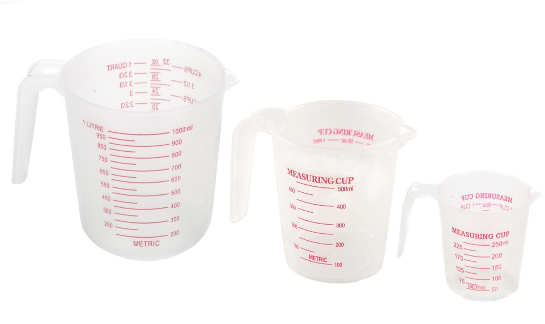 Bubble-Store Messbecher 3er Set, Kunststoff, (Maßangaben für Tassen Unzen Quart), Messbecher Volumen ca. 250ml, 500ml, 1000ml