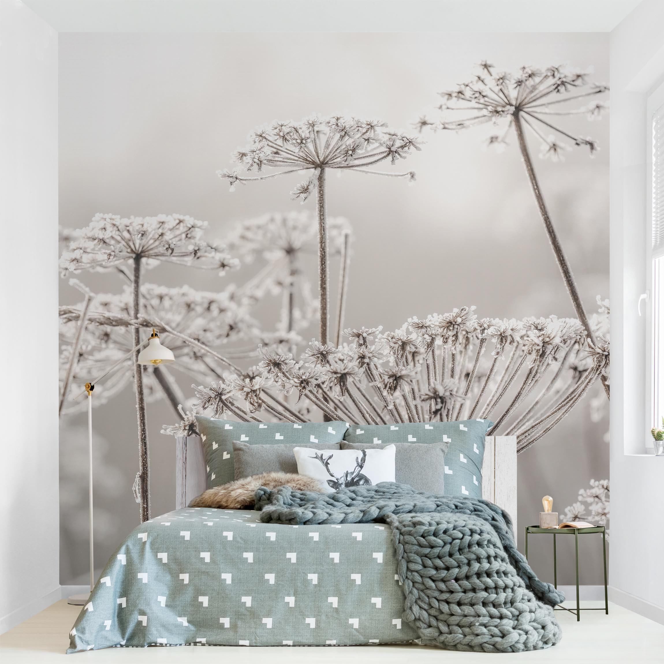Bilderdepot24 Fototapete Blumen Doldenblüten Frost Blumentapete Floral Natur Modern Kunst, Glatt, Matt, (Vliestapete inkl. Kleister oder selbstklebend), Wohnzimmer Schlafzimmer Küche Flur Motivtapete Vliestapete Wandtapete