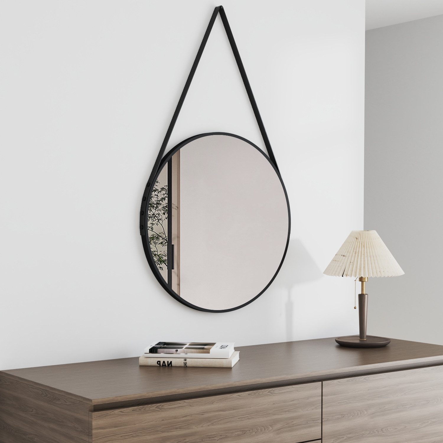 Boromal Spiegel für Flur Bad Schlafzimmer Wohnzimmer Friseurladen Hotel (Wandspiegel Schwarz, 60x60, 50x50), mit Verstellbarer Riemen und Metall Rahmen