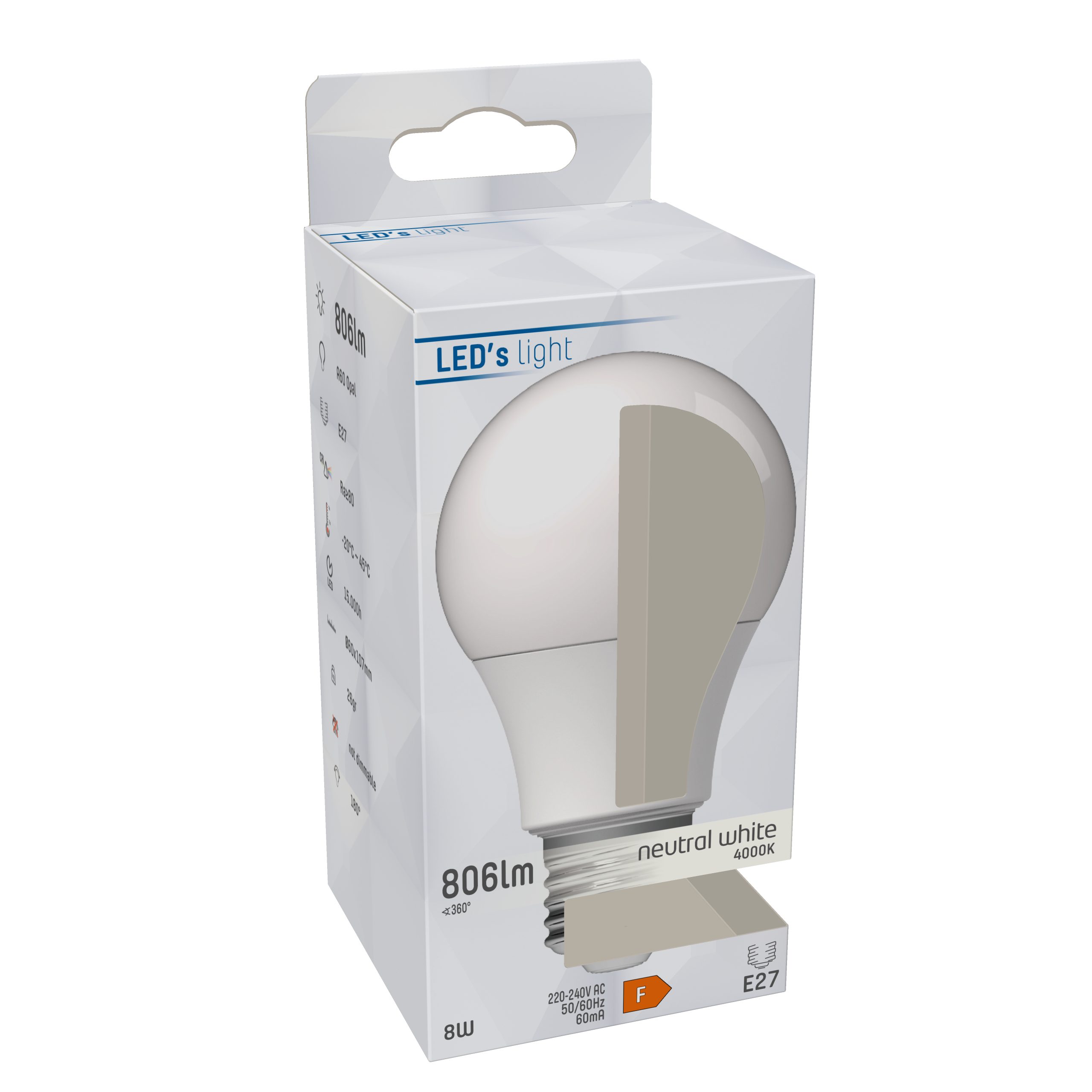 LED's light LED-Leuchtmittel 620103 LED Glühbirne, E27, E27 8W neutralweiß Opal A60