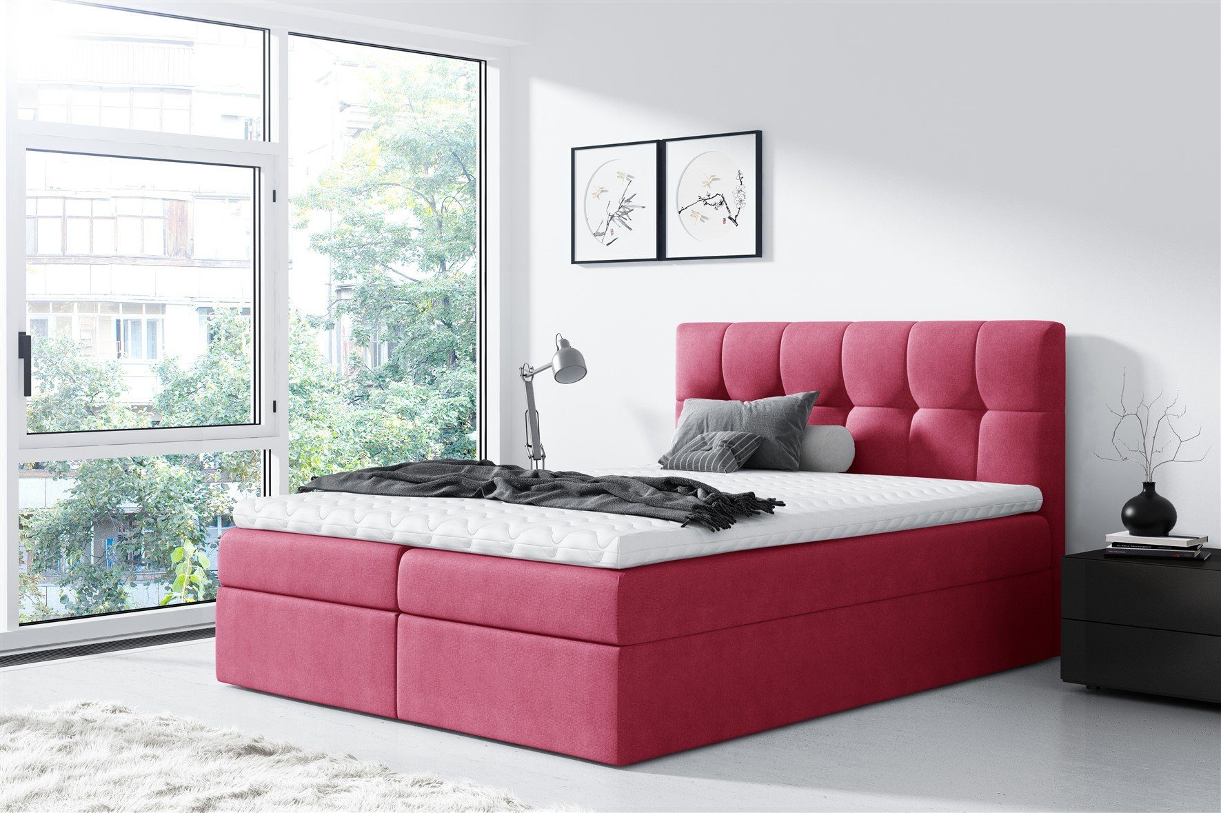 Fun Möbel Boxbett Bett Schlafzimmerbett CARMEN in Stoff Soro (Gepolstertes Kopfteil), inkl. Bettkasten und Topper