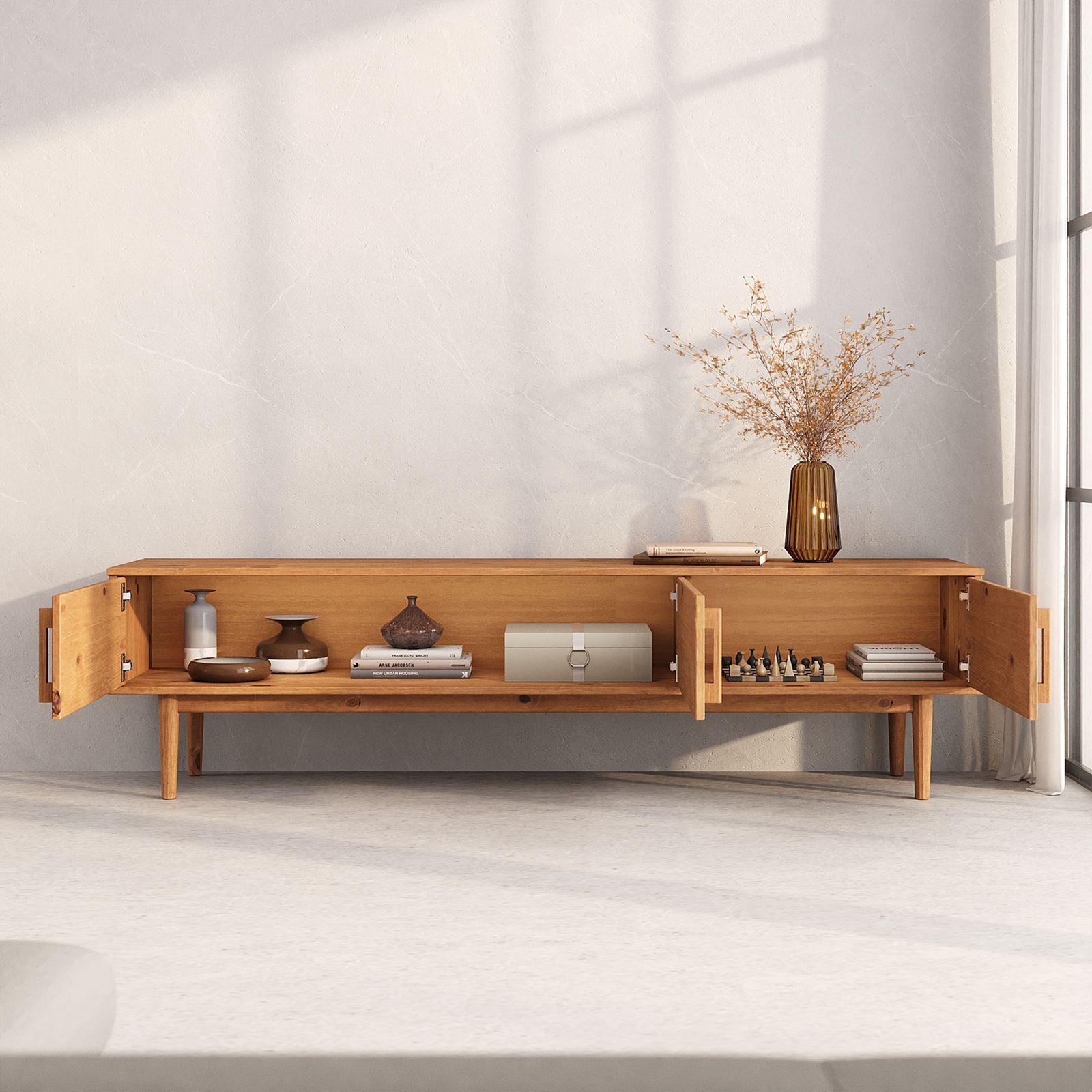 IDIMEX Lowboard TECCA, Niedriges Sideboard aus Massivholz mit 3 Türen Wohnzimmer Eiche Finish