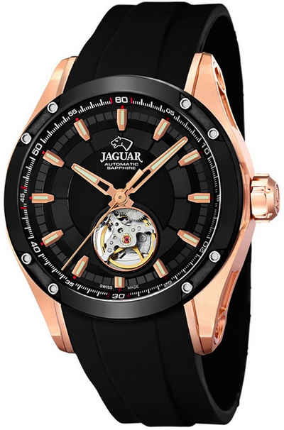JAGUAR Quarzuhr Jaguar Herren Uhr Automatik J814/1 PUR, Herren Armbanduhr rund, PURarmband schwarz, Elegant