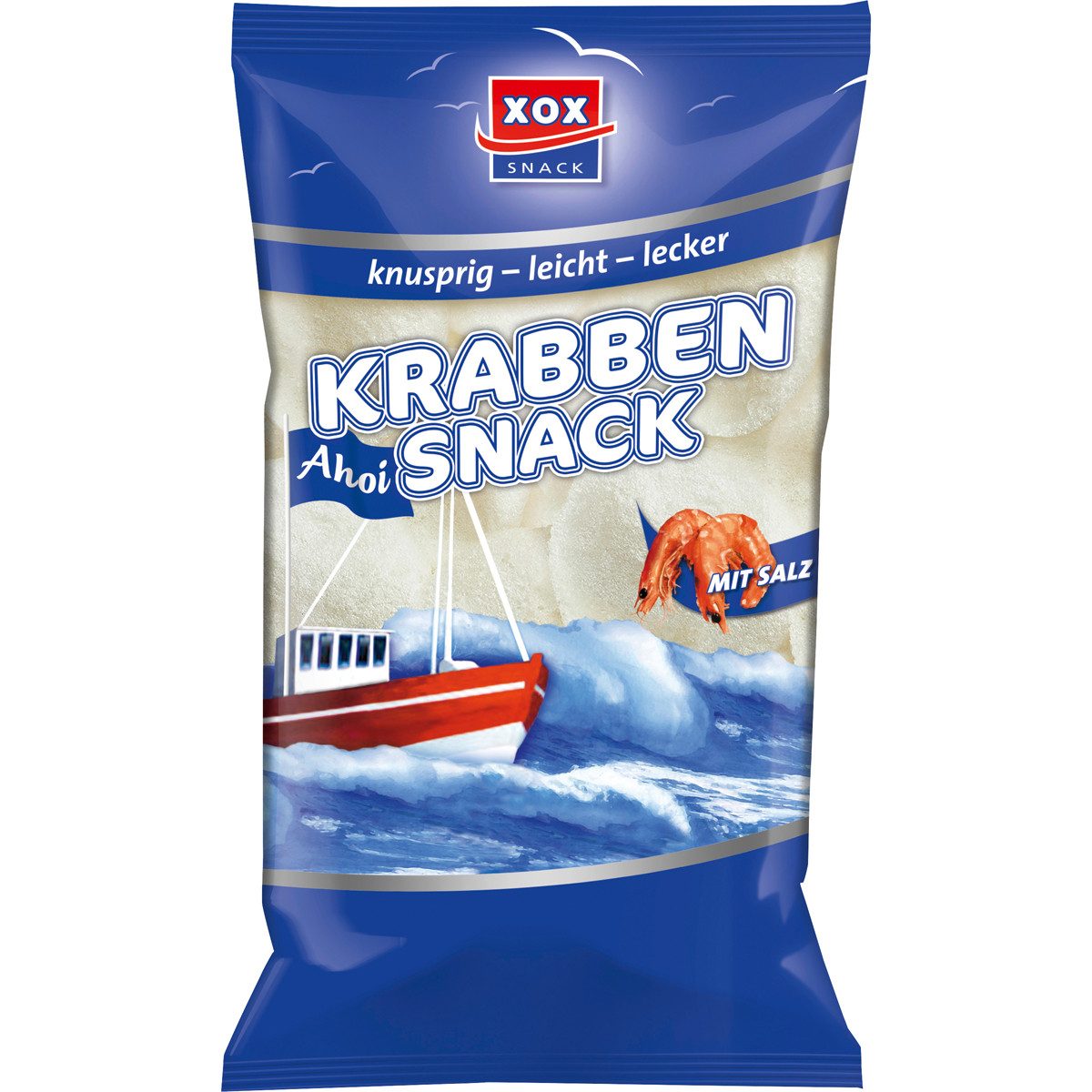XOX Knabberei, XOX Krabben Snack gesalzene Garnelenchips knusprig leicht 215g