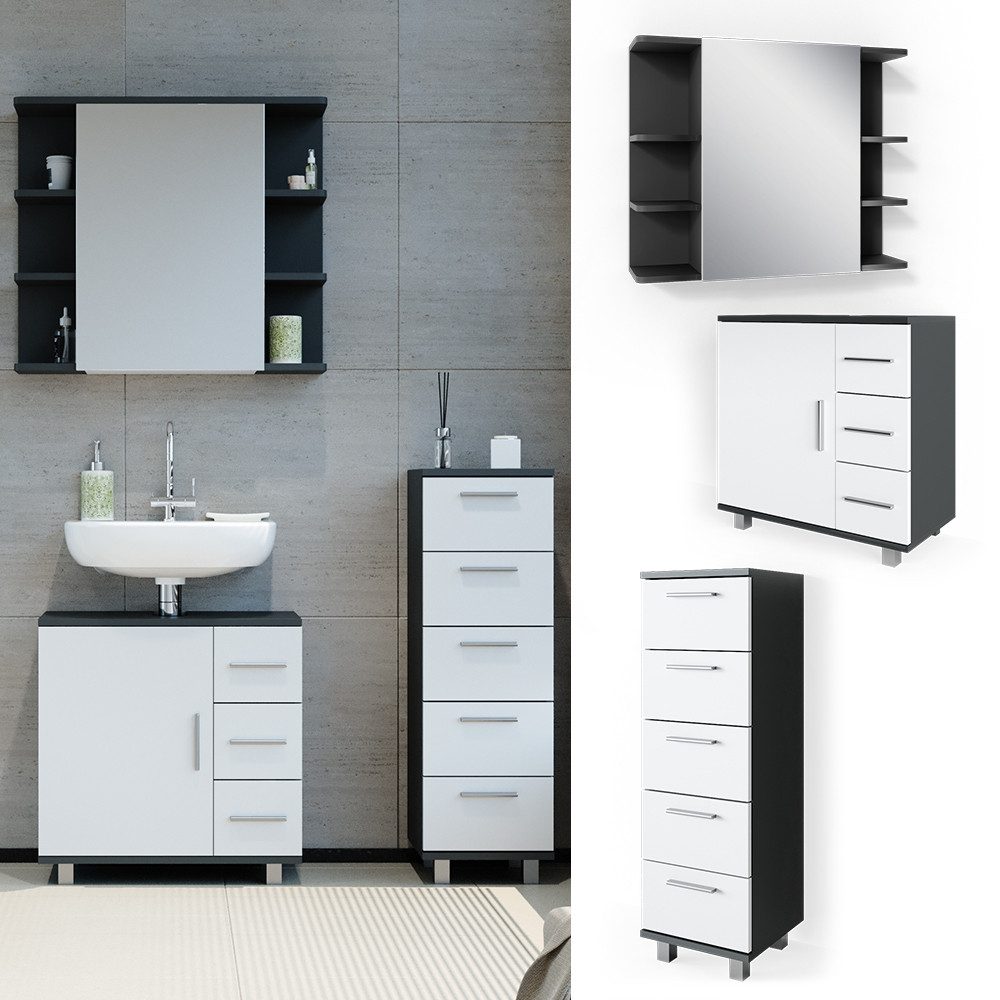 Vicco Badmöbel-Set Ilias, Weiß/Anthrazit, 3 Teile, mit Midischrank, (Badset, 3-St., 3er Set)