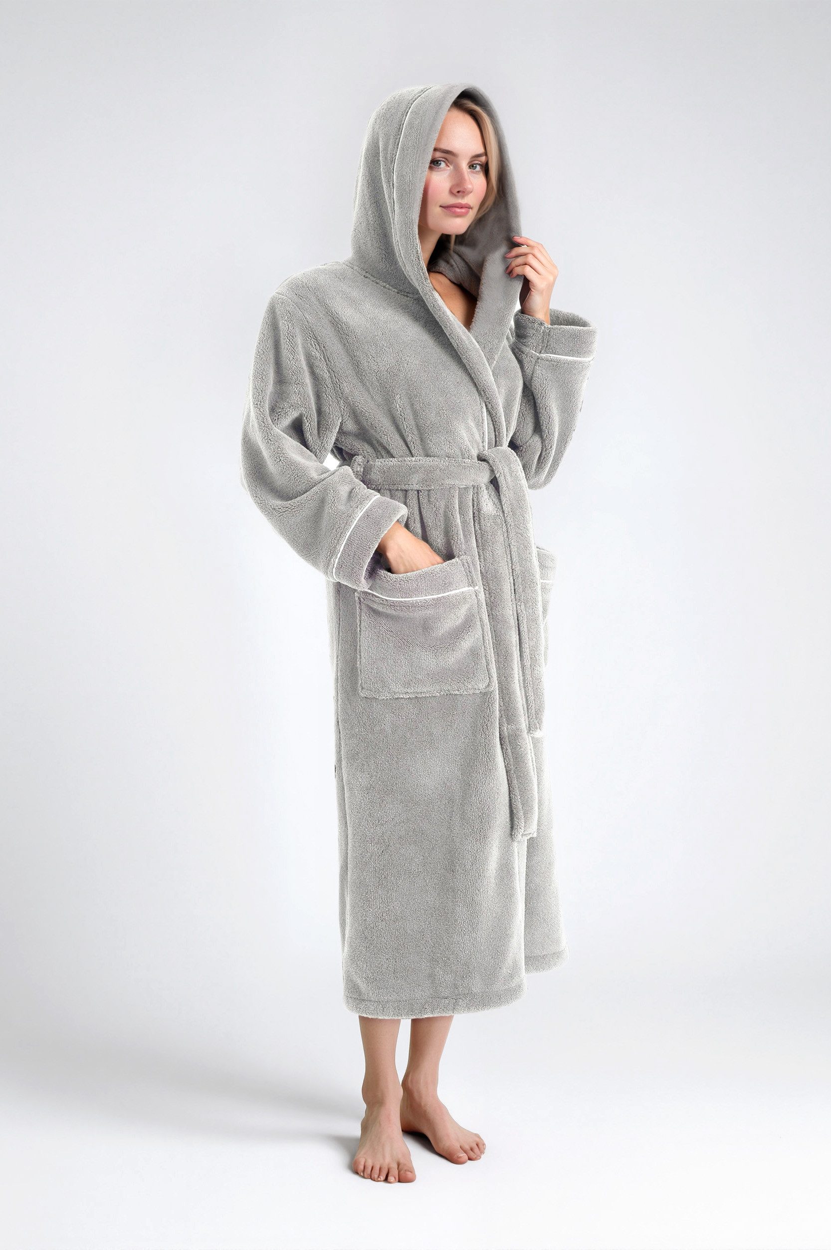 OTTO home Unisex-Bademantel Lillou, ideal für Sauna & Spa, Hotelbademantel, Morgenmantel, Langform, Microfaser, Kapuze, Gürtel, kuschelig weicher Fleece, plüsch, für Damen und Herren, XS-3XL