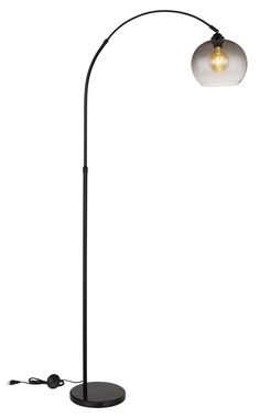 Globo Bogenlampe NEWCASTLE, 1-flammig, Schwarz, Metall, H 196 cm, ohne Leuchtmittel, Marmor Standfuß, Glasschirm in rauchfarben