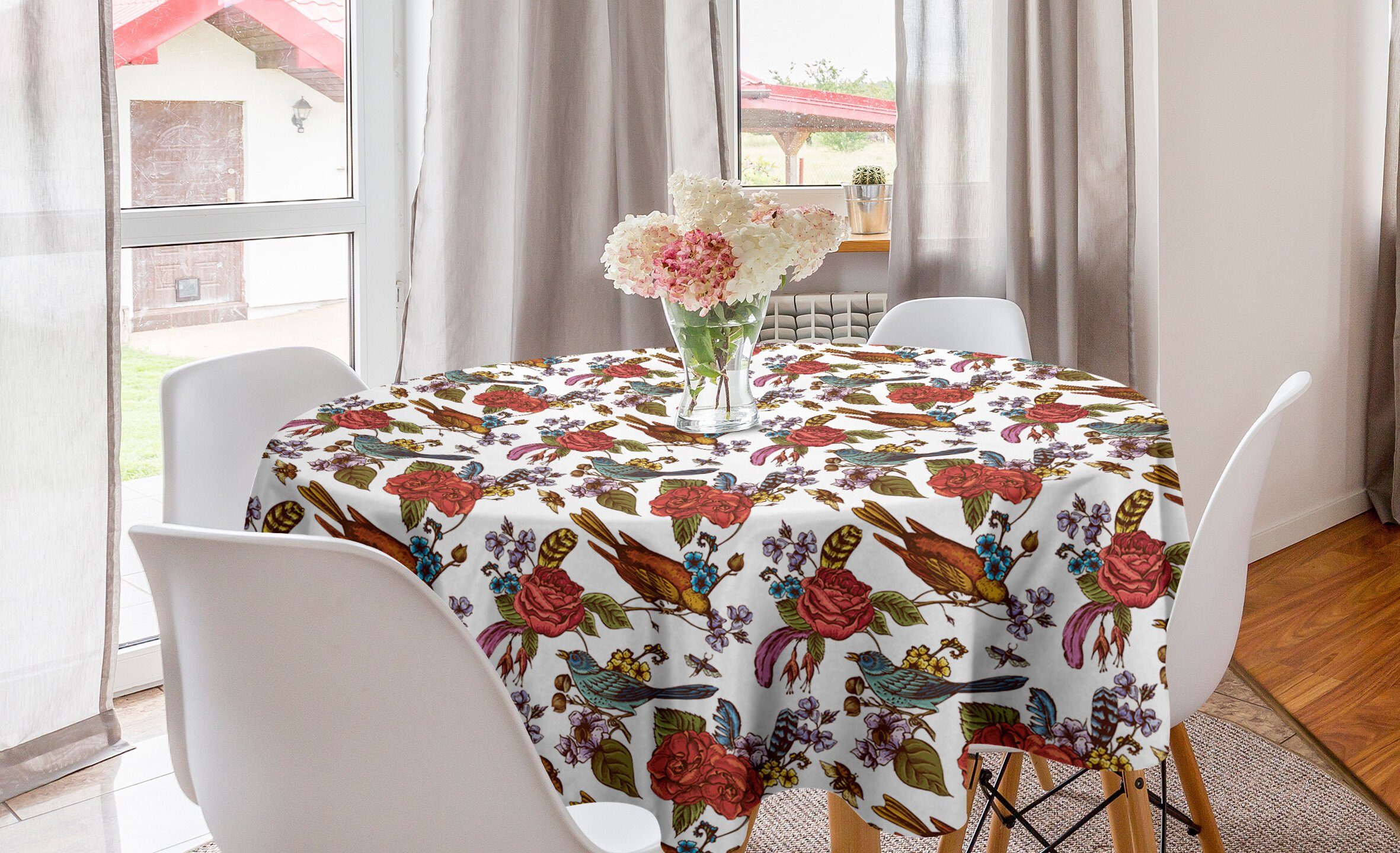 Abakuhaus Tischdecke Kreis Tischdecke Abdeckung für Esszimmer Küche Dekoration, Botanisch Blühende Bouquets Vögel