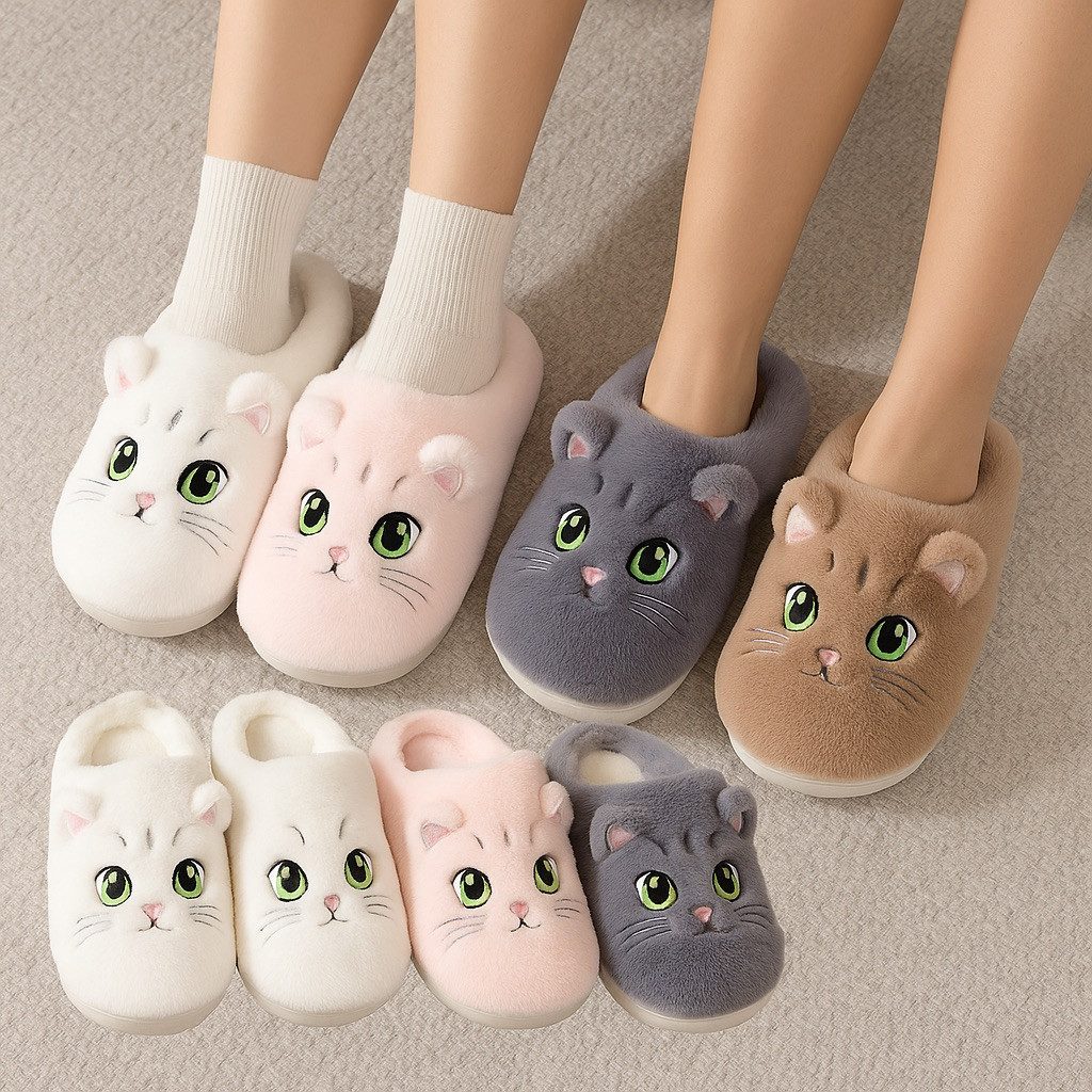 Corimori Flauschige Katzen Kätzchen Pantoffeln Plüsch Hausschuhe (Packung, Geschenk) super süße Plüsch Hausschuhe für Kinder und Erwachsene, EU Größe 34-35 – Bild 2 von 3