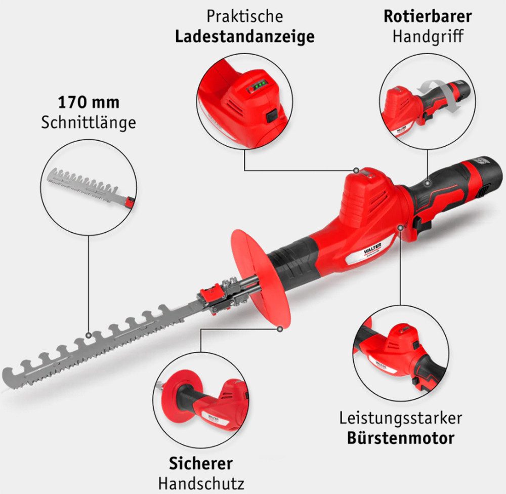 WALTER Akku-Heckenschere 12V Akku Heckenschere Astsäge 2in1 inkl. 2 Akkus (2Ah) und Ladegerät, 2-in-1-Funktion: Als Heckenschere und Säbelsäge nutzbar