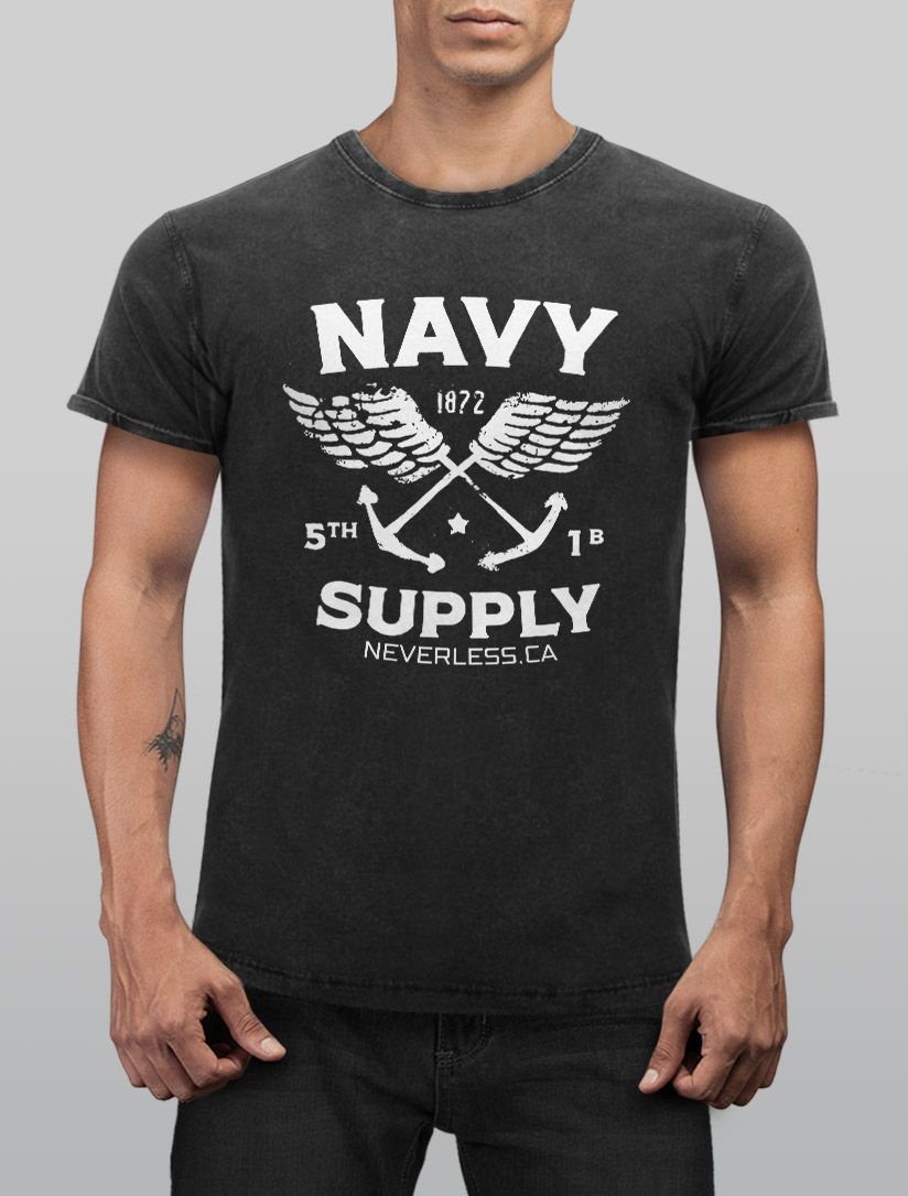 Neverless Print-Shirt Neverless® Herren schwarz Fit Slim Shirt mit Look Navy T-Shirt Used Printshirt Vintage Anker Print Supply