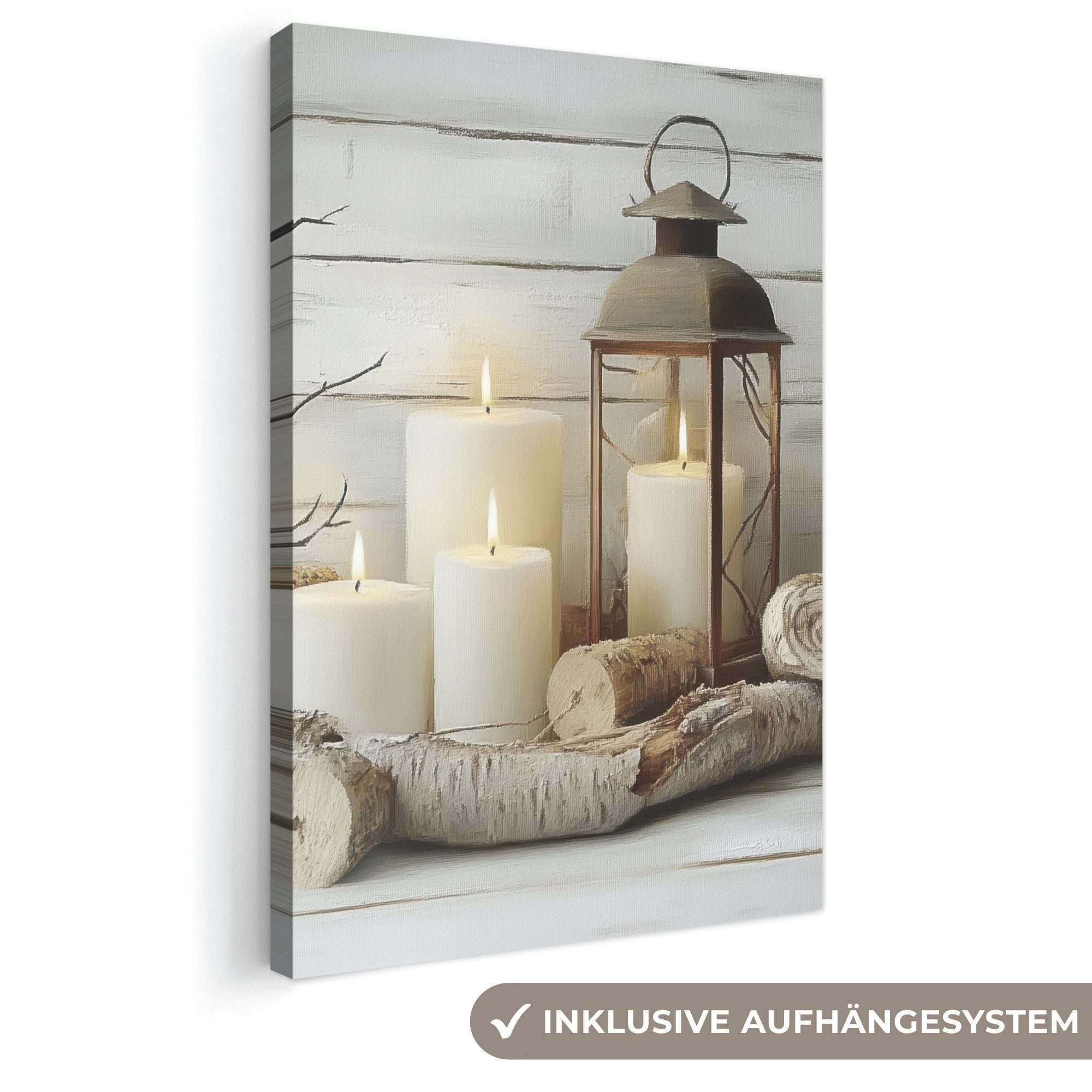OneMillionCanvasses® Leinwandbild Stilleben - Weiß - Kerzen - Rustikal - Natur, Fotodruck (1 St), Leinwand Canvas Wandbild, Wanddekoration 20x30 cm
