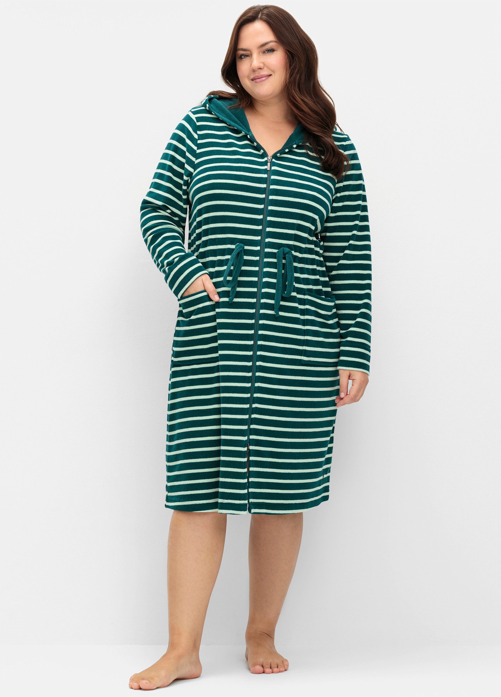 Sheego Damenbademantel Bademantel ., Länge ca. 110 cm, Baumwolle, Reißversc günstig online kaufen