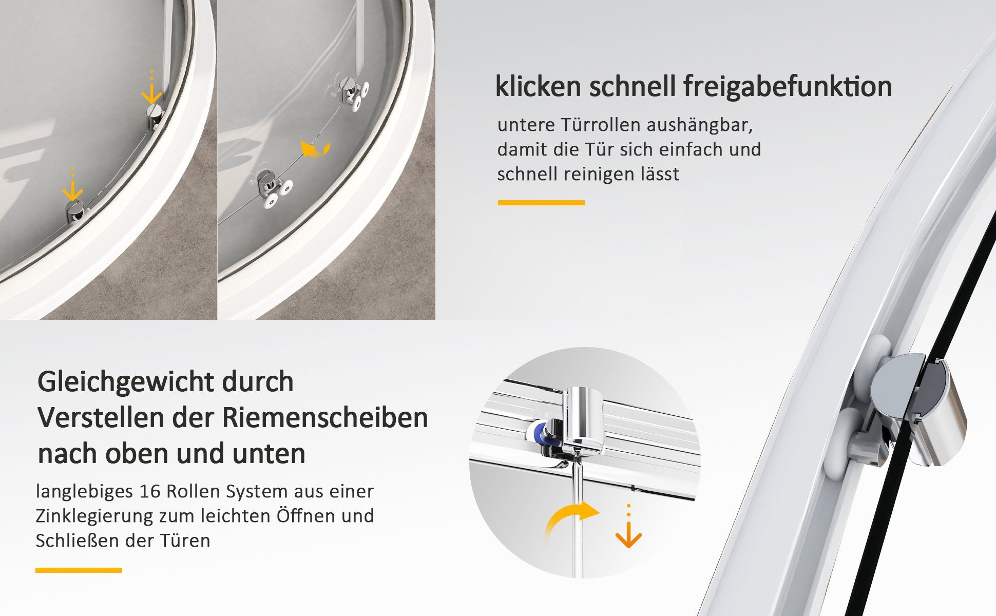 Boromal Runddusche 90x90 radius 55 cm Duschkabine Viertelkreis Schiebetür Weiß Glas, BxT: 90x90 cm, 5mm Sicherheitsglas, Duschwand für Dusche, Easy Clean Funktion, 16 Türrollen, Alu profil 20mm Verstellbereich, Magnetdichtleisten