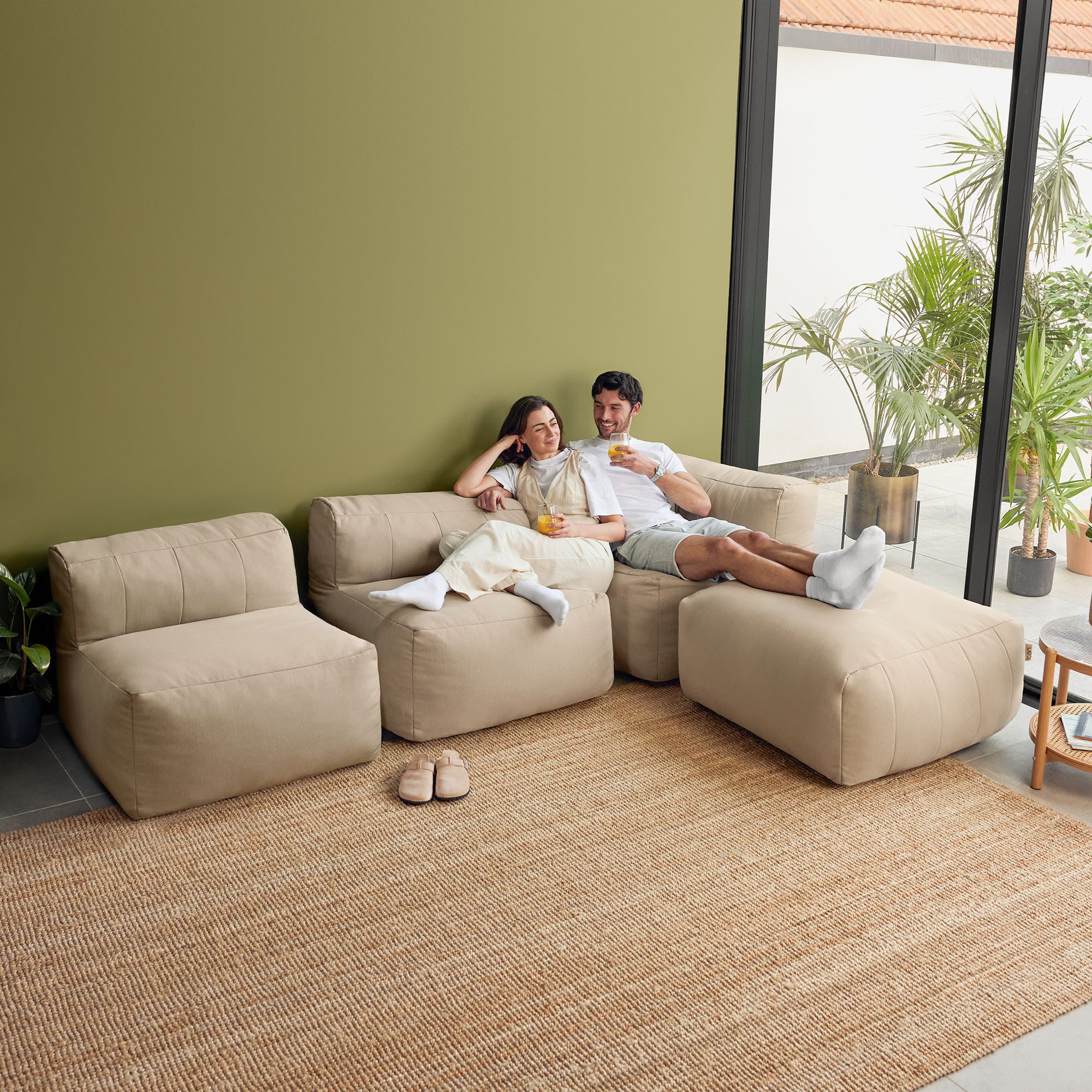 icon Gartenlounge-Set Modulares Outdoorsofa 4 Stück aus Olefin „Zen“, (Spar-Set, 1 x Ecksofa, 2 Sessel, 1 x Hocker), Schaumstoff Füllung, für Wohnzimmer, für den Außenbereich, wetterfest