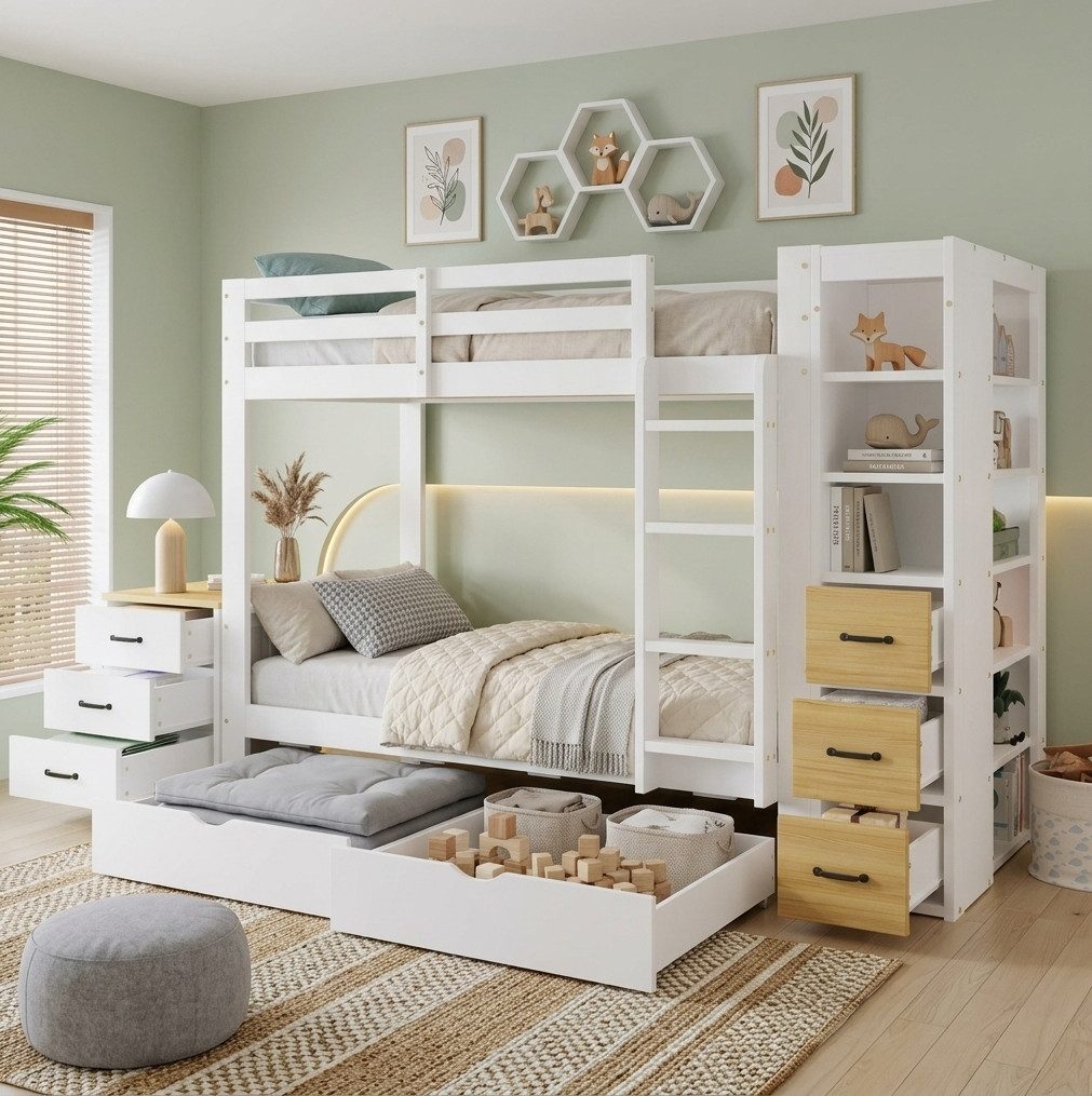 MODFU Etagenbett Funktionsbett mit Aufbewahrungssystem durch Bettkästen und Schubladen (90x200 cm Kinderbett mit seitlichem Regal, Leiter und frei stellbarer Nachtablage, Stauraumbett Holzbett), ohne Matratze