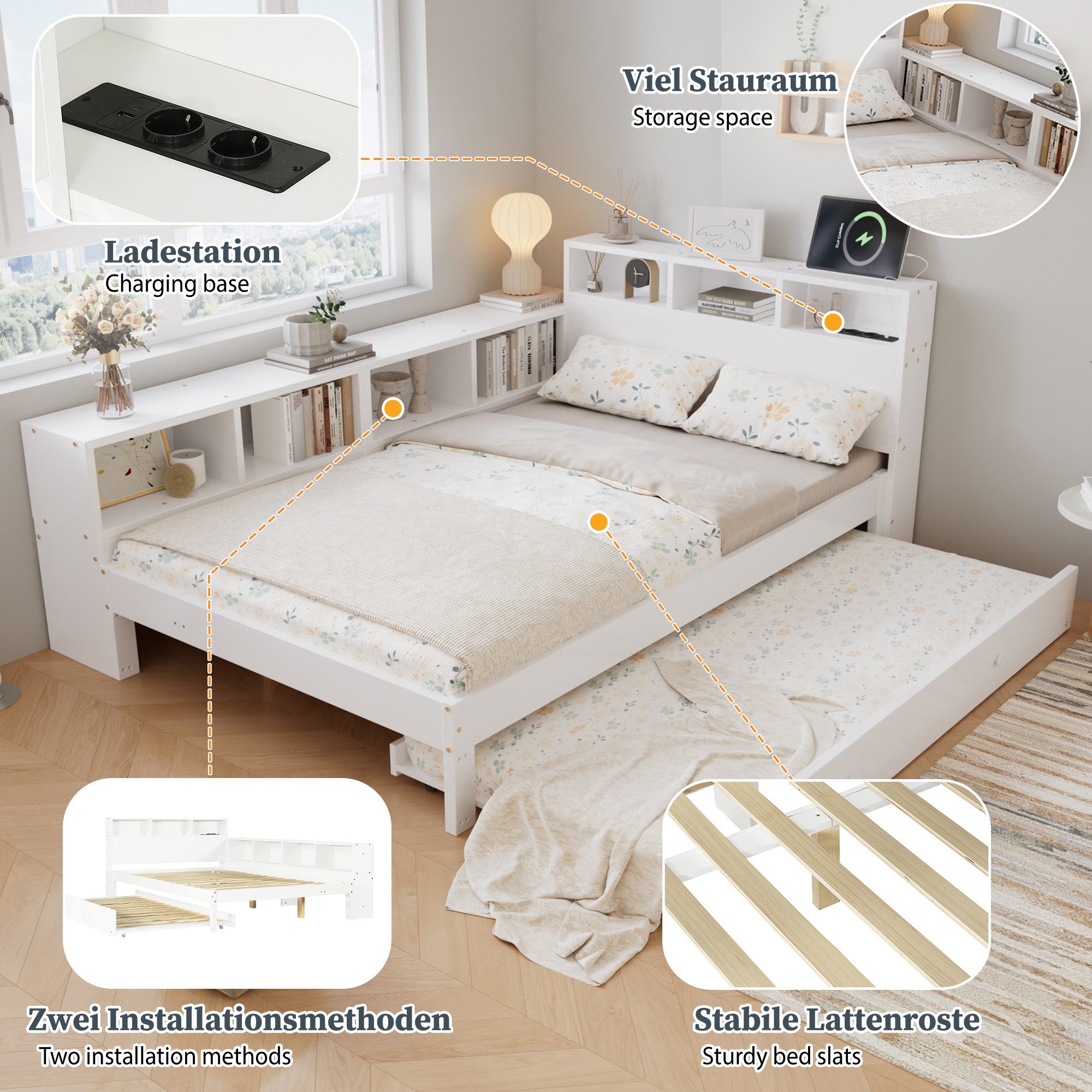 i@home Funktionsbett Daybett Holzbett 120x200 cm mit Ausziehbett 90x190 cm, weiß, seitlich Stauraumregal links/rechts montierbar, KInderbett,Jugendbett