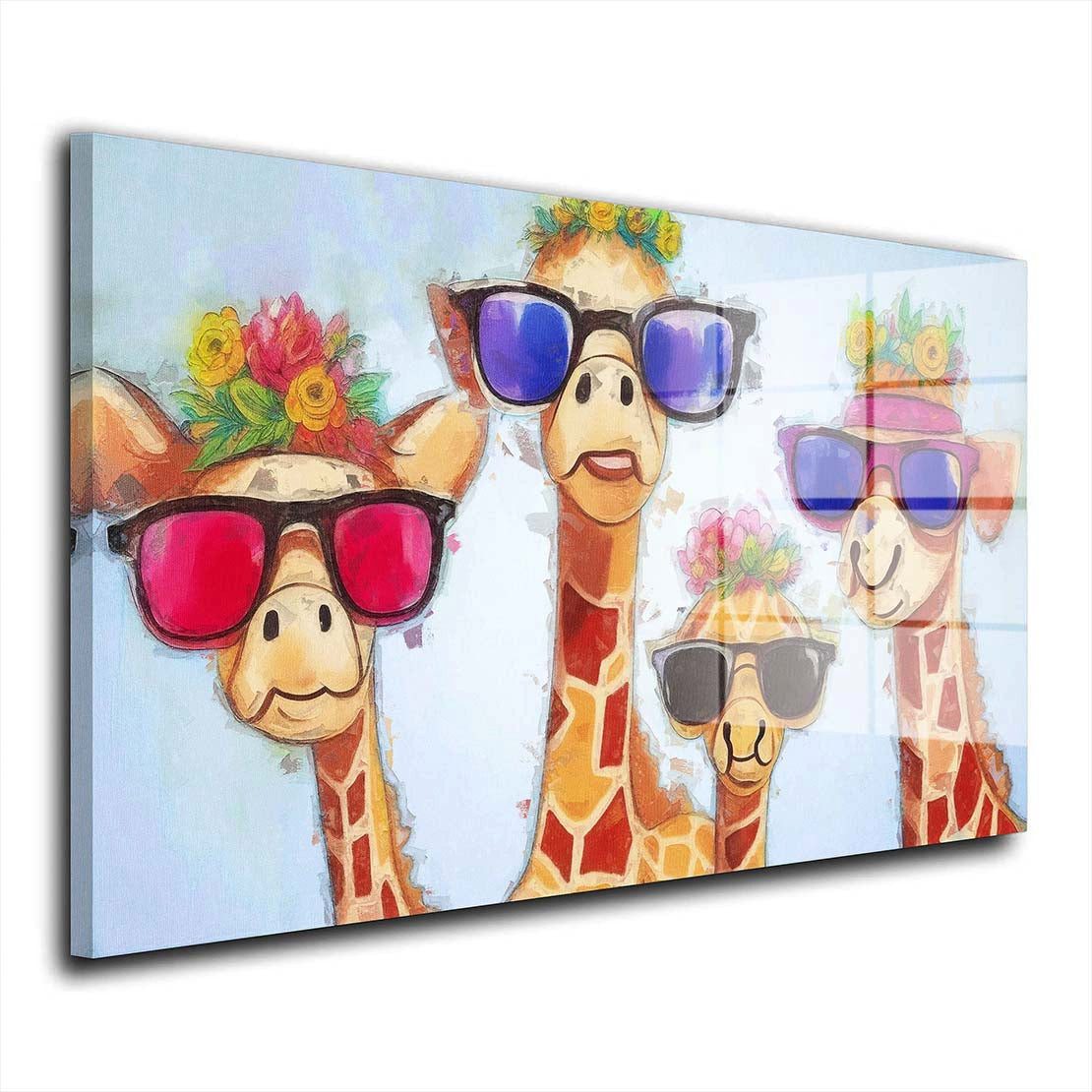 Artedinoi Acrylglasbild Giraffen Acrylglasbild Wandbild Pop Art Colour Bunt Tier XXL, Vier Giraffen nebeneinander in kräftigen Farbtönen