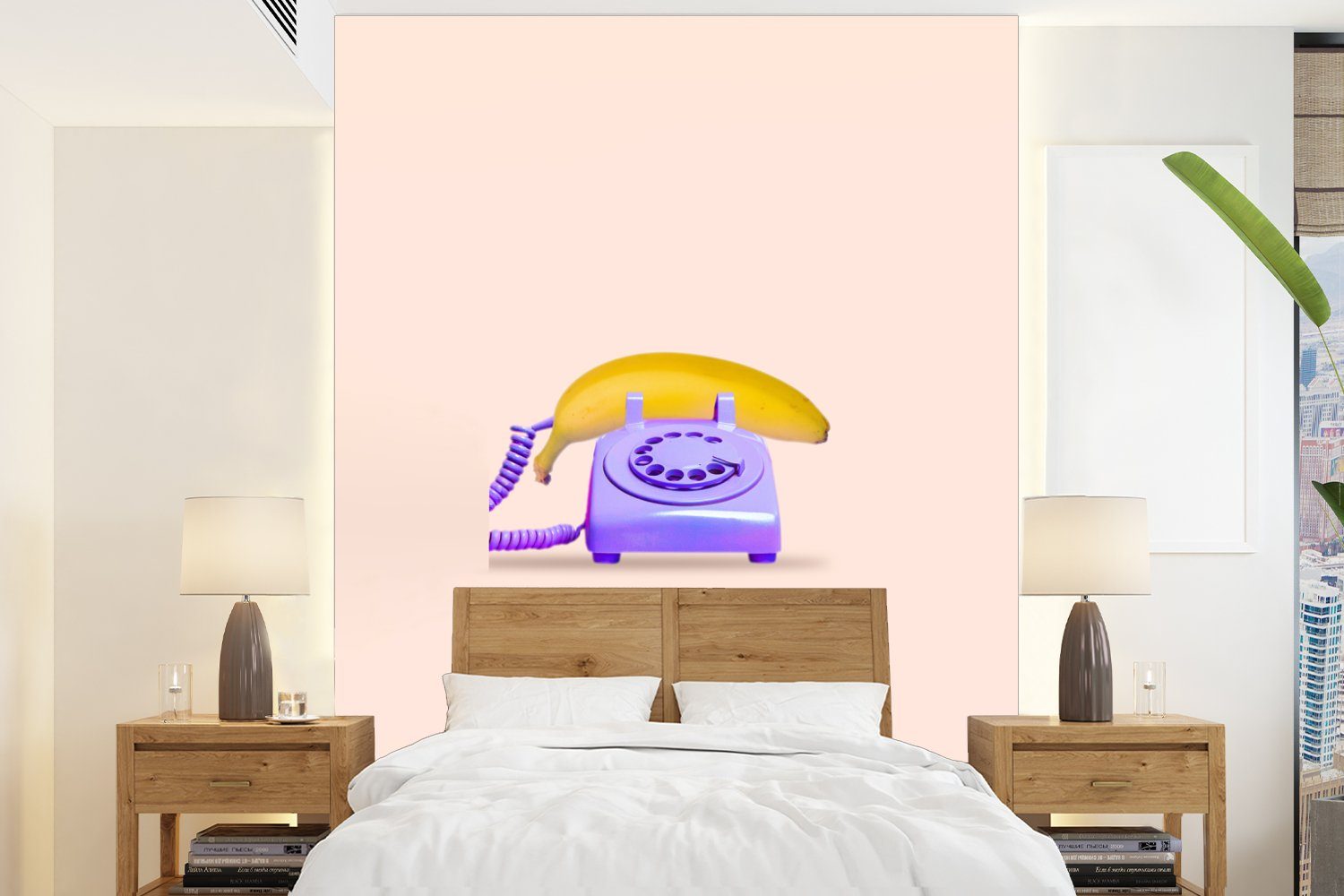 MuchoWow Fototapete Banane - Telefon - Lila - Gelb, Matt, bedruckt, (4 St), Montagefertig Vinyl Tapete für Wohnzimmer, Wandtapete