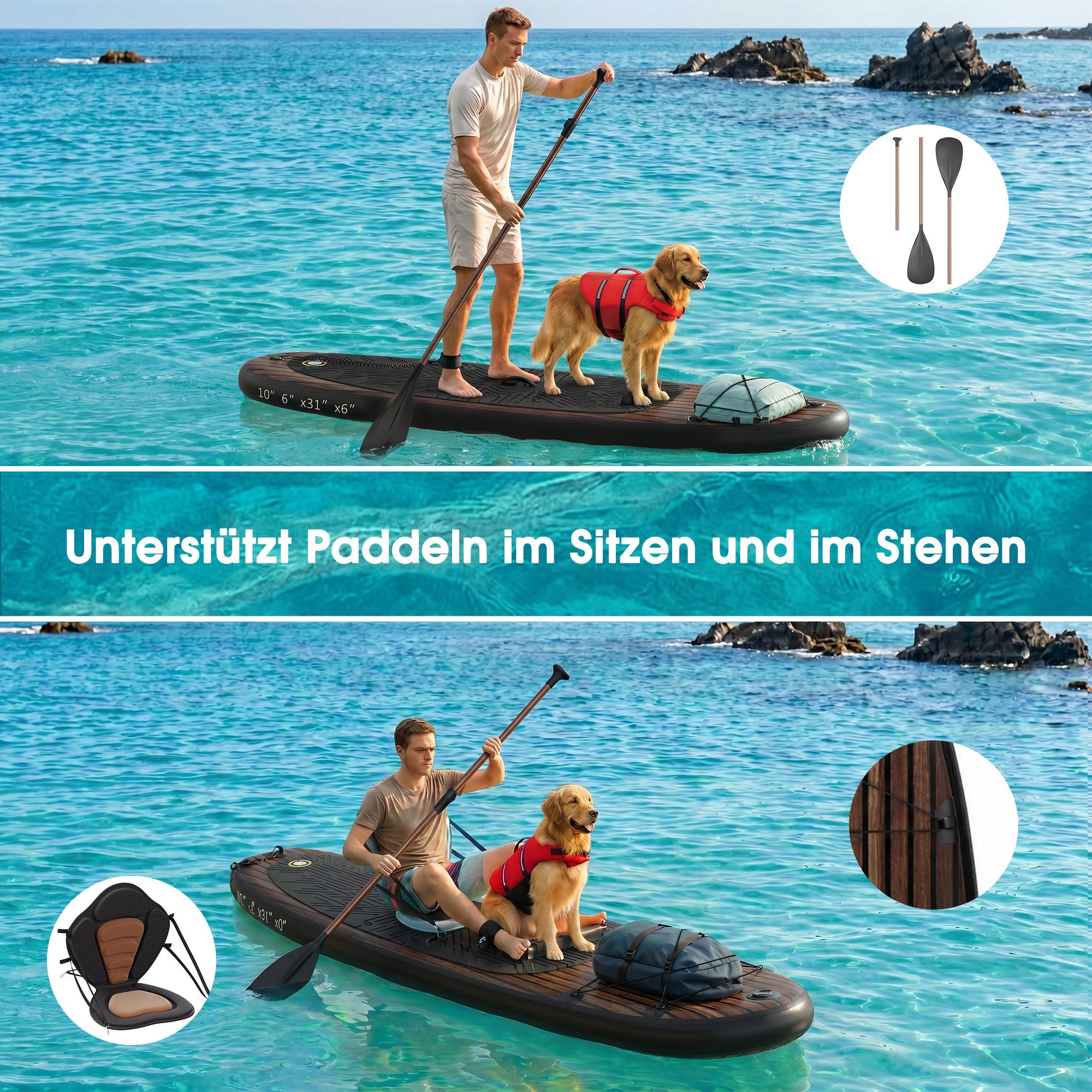 HOMALL Inflatable SUP-Board Aufblasbares Stand Up Paddle Board mit Halter, Sitz und Fußband, 320cm SUP-Board Set mit Action-Cam Halterung, Bis 130kg
