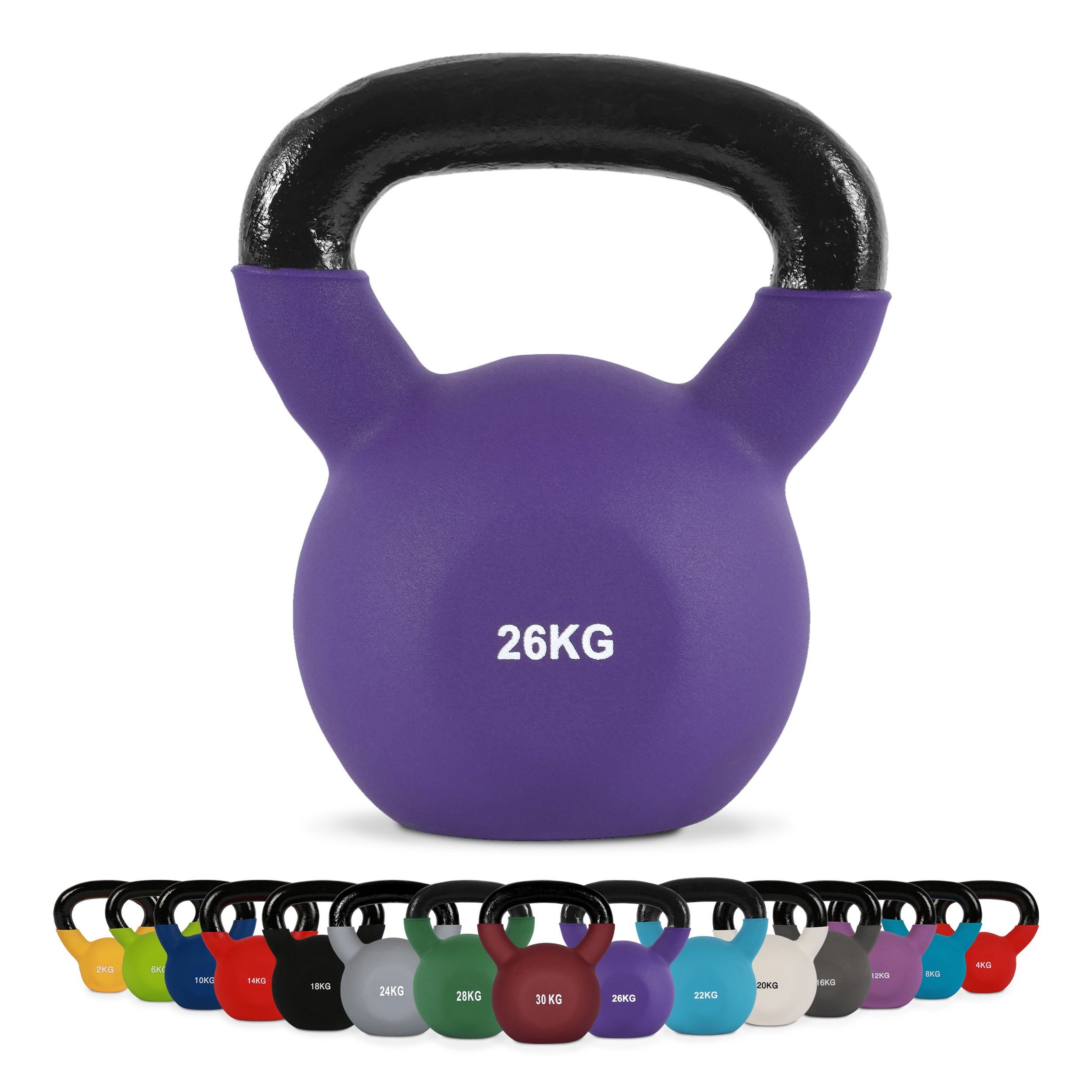 MSports® Kettlebell Kettlebell Professional Neopren 2 – 30 kg inkl. Übungsposter 26 kg - Lila