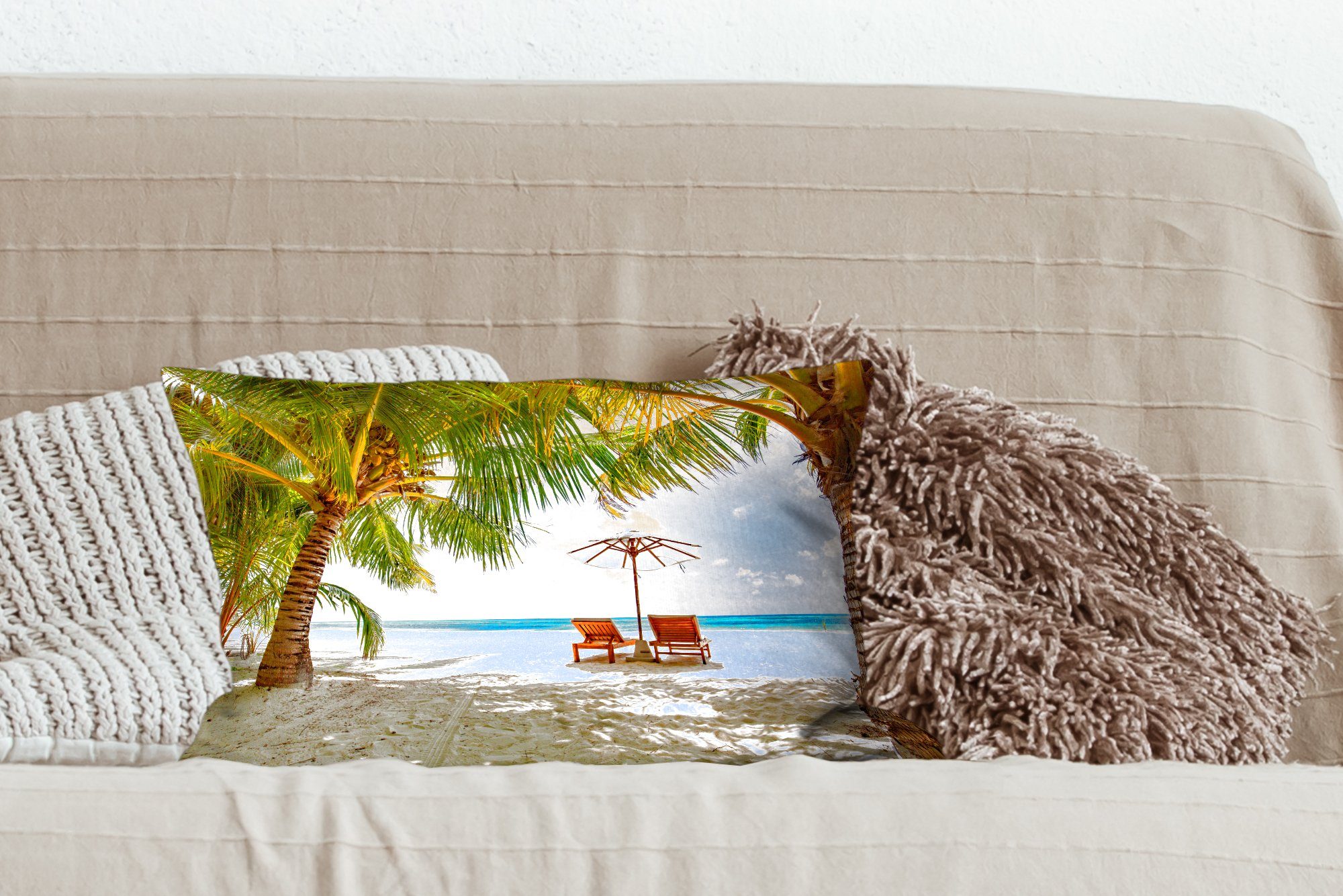 Schlafzimmer - - Zierkissen, Palme, Dekoration, Wohzimmer Strandkorb MuchoWow Füllung, Dekokissen Sonnenschirm Dekokissen mit
