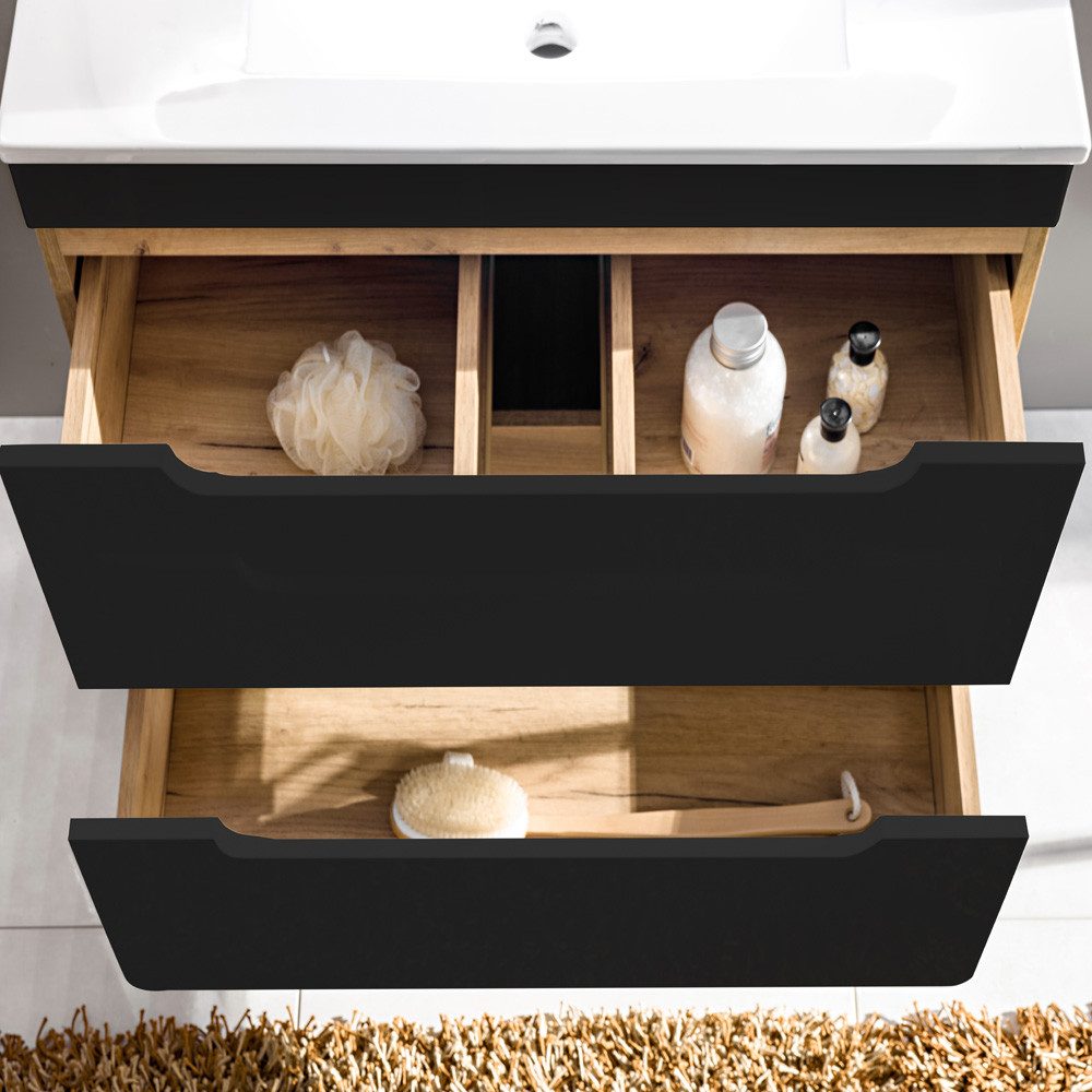 Lomadox Badmöbel-Set NEW-LUTON, (Spar-Set, 4-St), Eiche 60 cm Keramik-Waschtisch & LED-Spiegel 110/200/46 cm