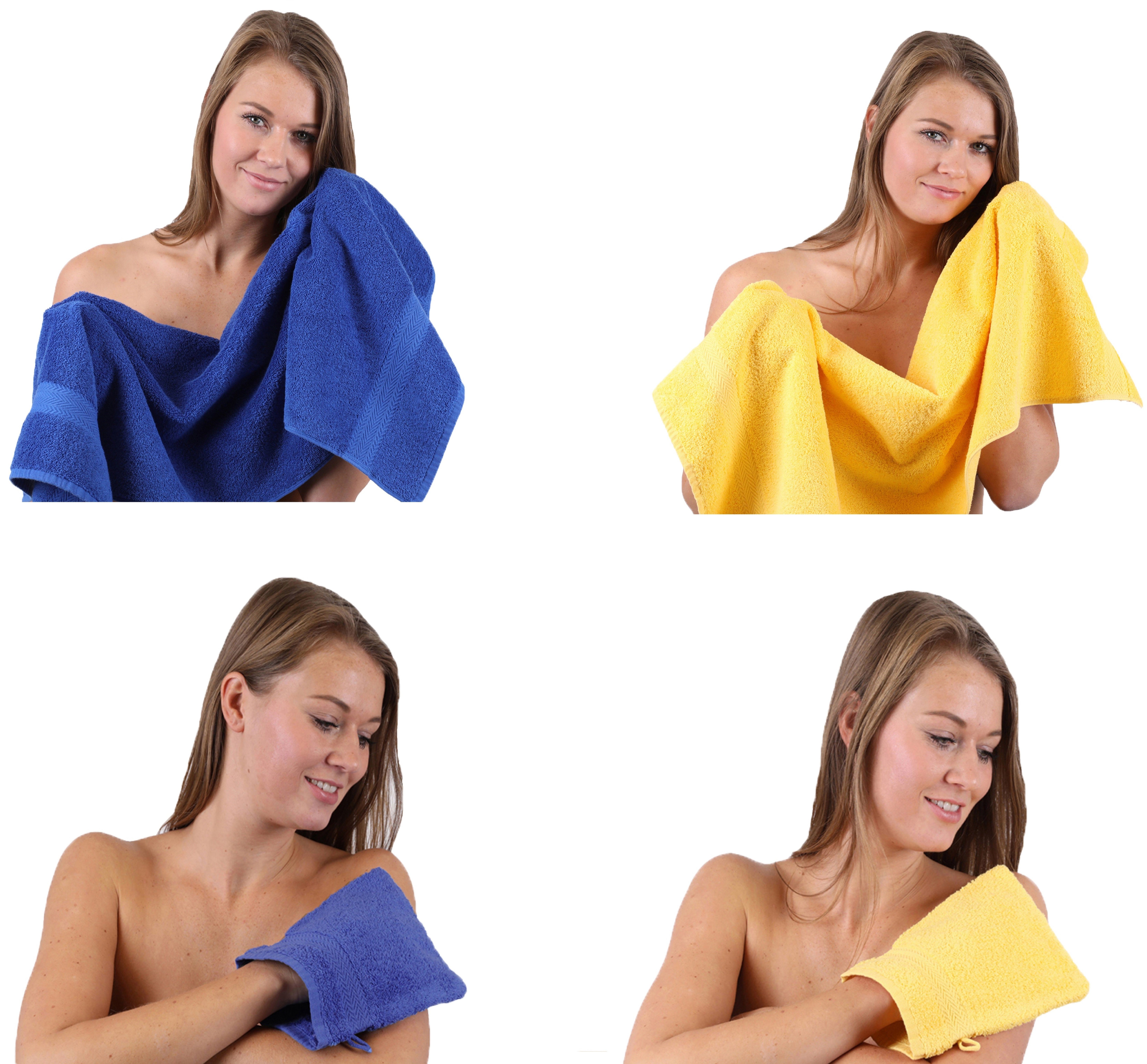 Waschhandschuhe, TLG. 100% 2 Set Handtücher 100% Set Baumwolle 2 Pack gelb-royalblau Baumwolle, Betz 4 Handtuch Happy (4-tlg) Handtuch