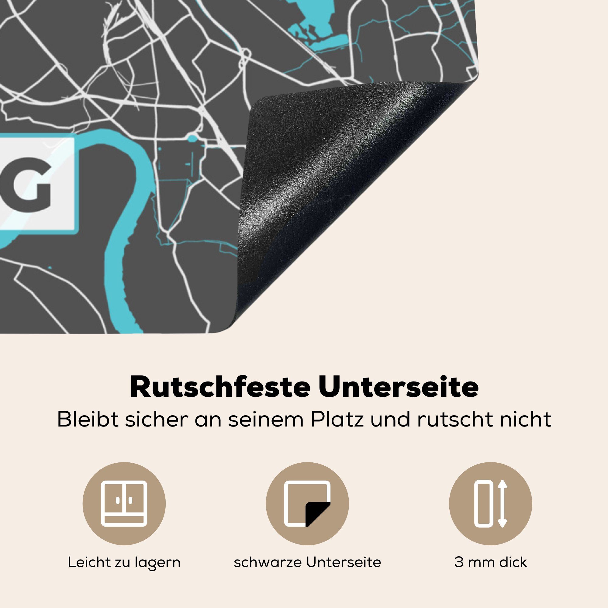 - Karte Stadtplan Arbeitsplatte 78x78 Blau küche - Herdblende-/Abdeckplatte - für (1 Leipzig Vinyl, tlg), - MuchoWow Ceranfeldabdeckung, cm, Deutschland,
