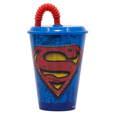 Superman Kinderbecher, Kunststoff, mit Deckel und Trinkhalm 430 ml BPA frei