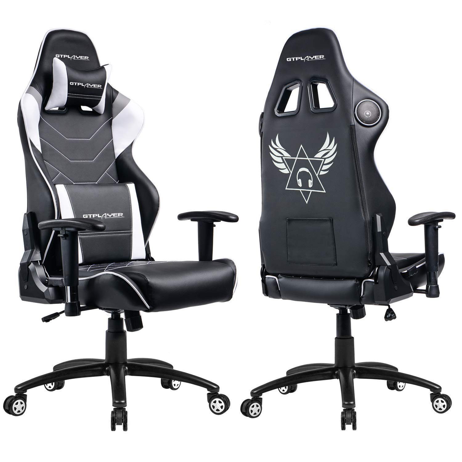 GTPLAYER Gaming Chair 890M Musik Global Patentierter Bluetooth-Lautsprecher- Gaming-Stuhl, Schreibtischstuhl, inkl. Lendenwirbel- und Nackenkissen,  höhenverstellbare Sitzhöhe und Armlehnen - verstellbare Rückenlehne