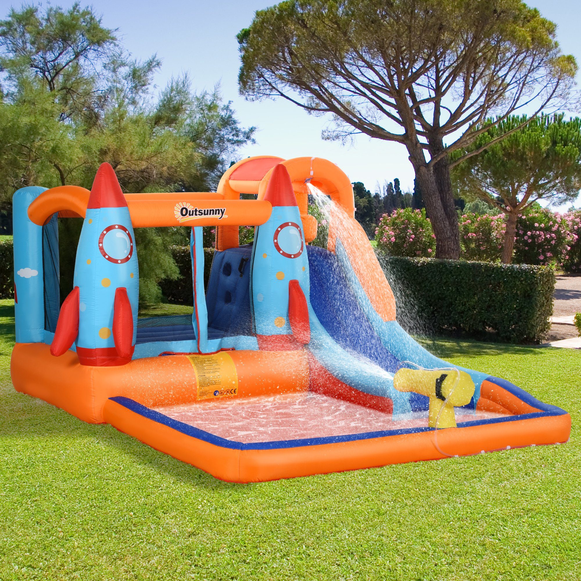 Outsunny Hüpfburg Aufblasbare Burg mit Rutsche für 4 Kinder, (Spielburg, 1-tlg., Springburg), Mehrfarbig 350 x 250 x 185 cm