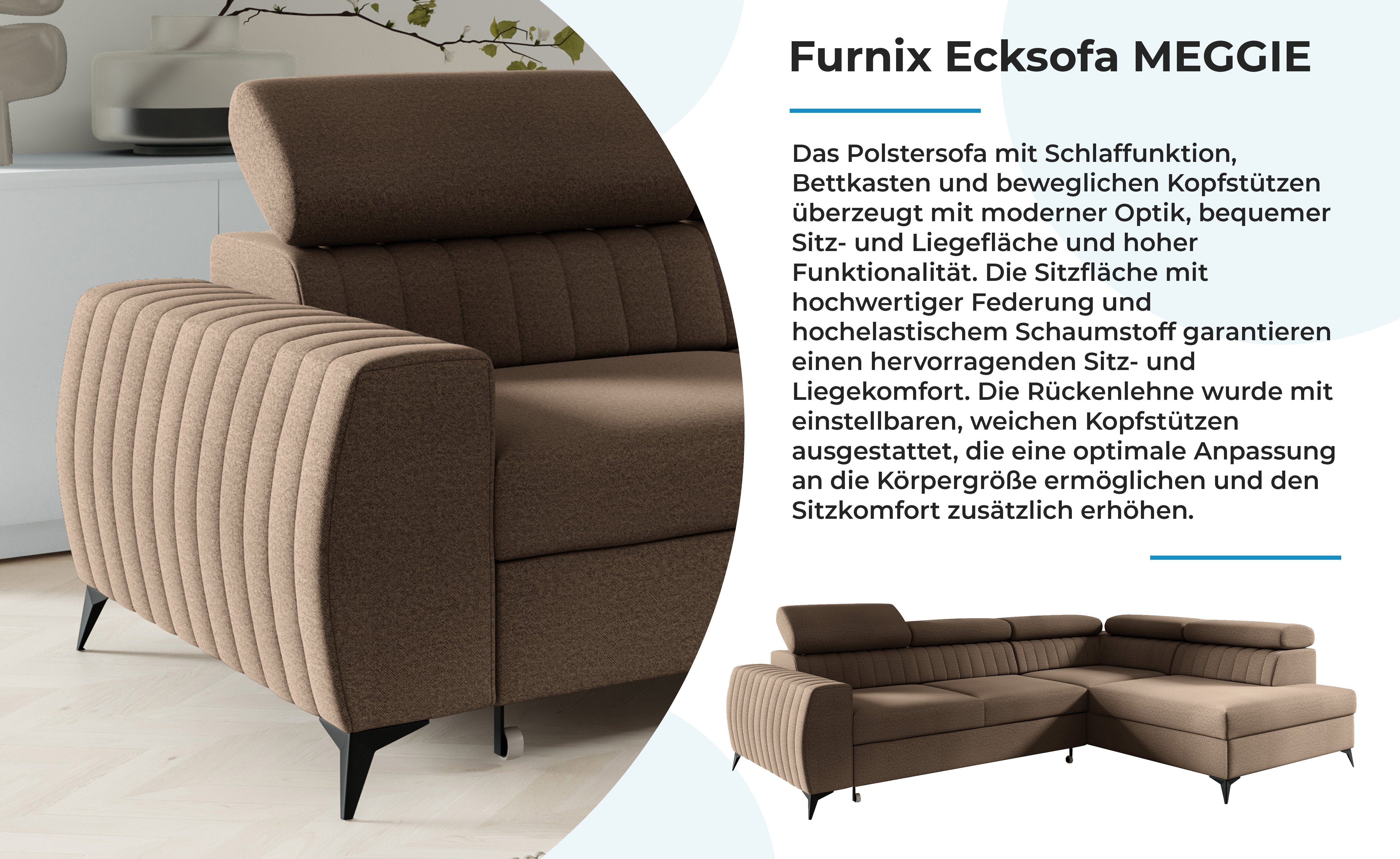 Furnix Sofa Ecksofa mit 130 cm EL05 T200 x Liegefläche: Polstercouch H95 204 B270 cm, x MEGGIE x Maße: Braun Auswahl, Bettkasten Schlaffunktion