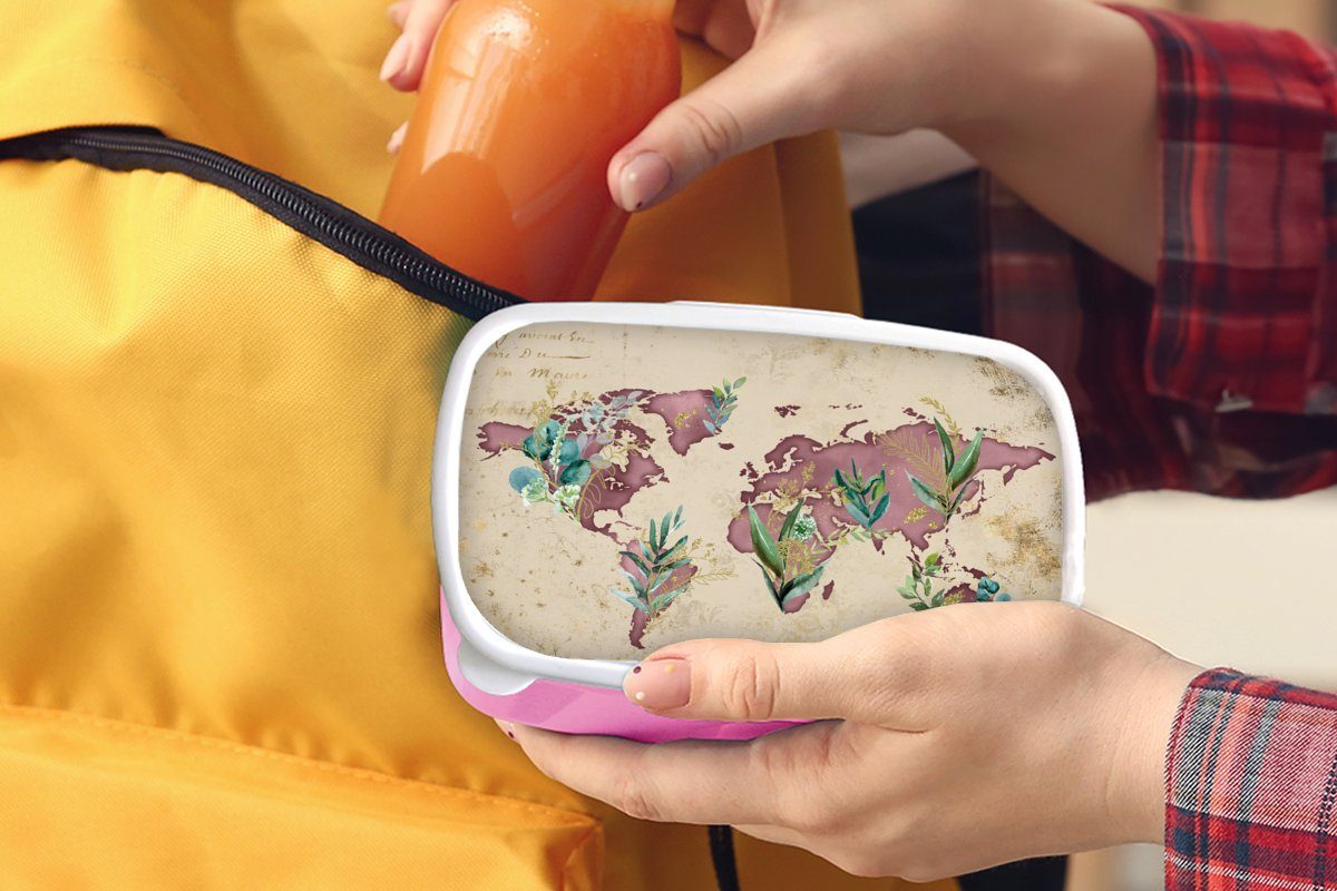 MuchoWow Lunchbox Weltkarte - - Kunststoff Papyrus Snackbox, für Erwachsene, Kinder, Brotbox Brotdose Retro, (2-tlg), Mädchen, rosa Kunststoff