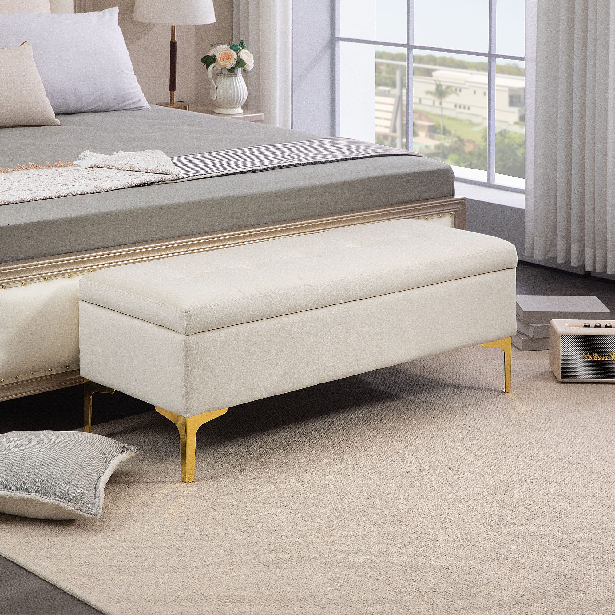 HOMCOM Sitzbank mit Gold-Ton Beine, Samtoptik, 120 x 44 x 44,5 cm (Polsterbank, 1-St., Bettbank), für Wohnzimmer, Beige