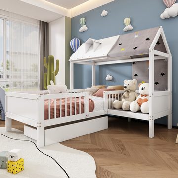 Flieks Kinderbett, Massivholz Einzelbett Hausbett mit Zeltstoff und Schublade 90x200cm