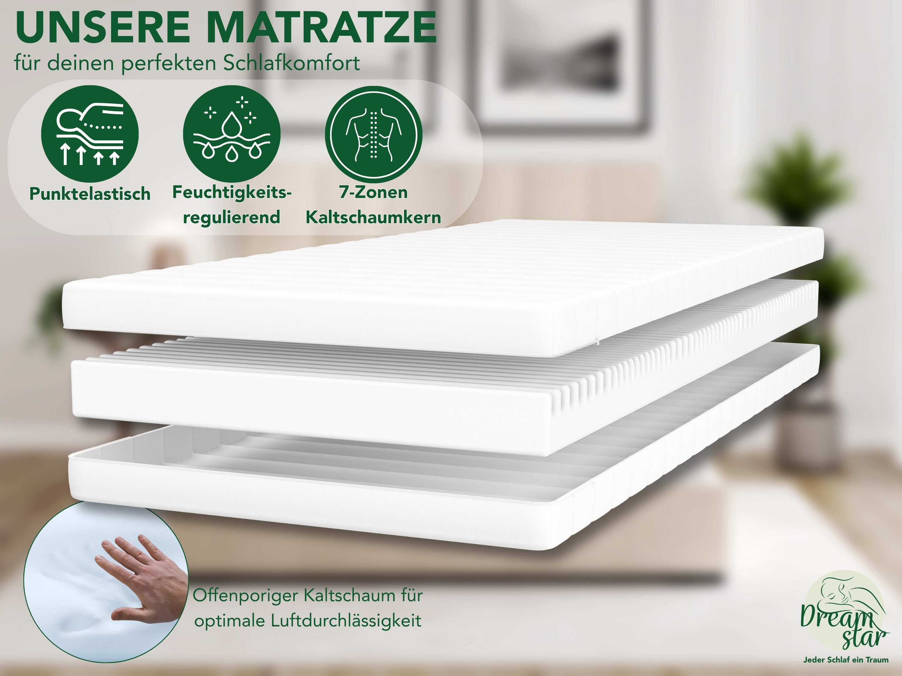 Kaltschaummatratze Easy Flex, 7-Zonen Matratze mit Duo-Härtegrad (H2/H3 & H3/H4), Dreamstar, wendbar, atmungsaktiv, ergonomisch - für jede Schlafposition