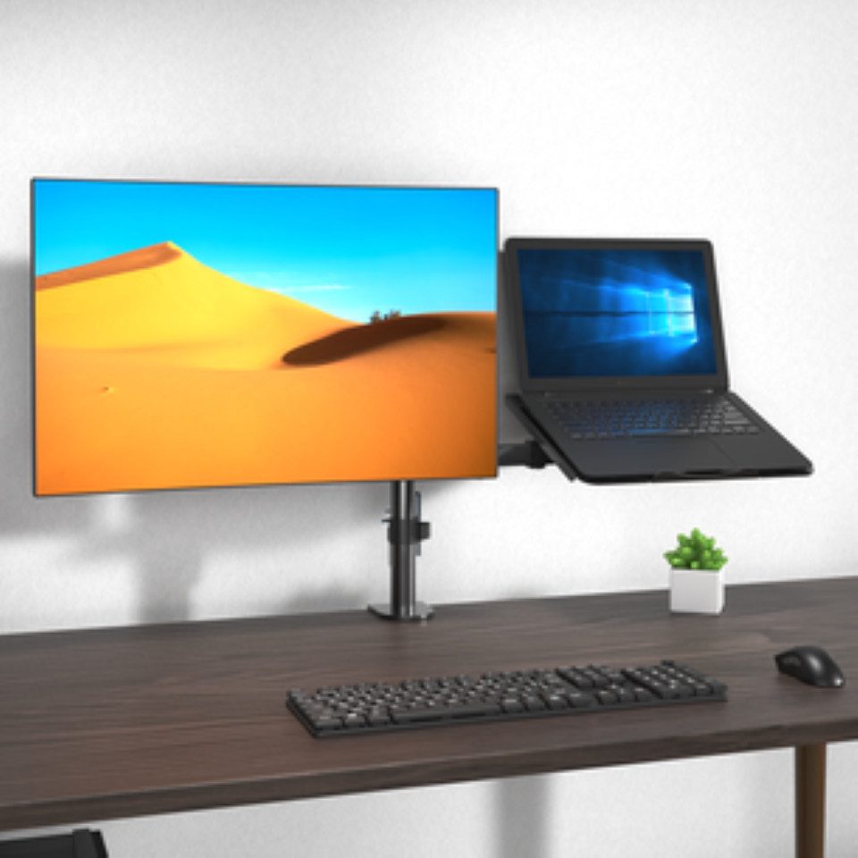 LMG Germany Monitor-Halterung Monitorhalterung mit Laptophalterung, 32 Zoll, max. 10 kg je Halterung, (bis 27 Zoll, Für Monitor & Laptop, VESA-kompatibel, 360° drehbar, höhenverstellbar)