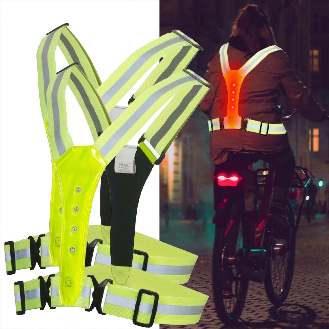 BENSON Warnweste LED-Sicherheitsweste Neongelb, 3 Leuchtmodi Reflektor-Gürtelweste (2-tlg., 1er-Set & 2er-Set) Verstellbare LED-Sicherheitsweste 130g 3 Leuchtmodi für Outdoor-Sport