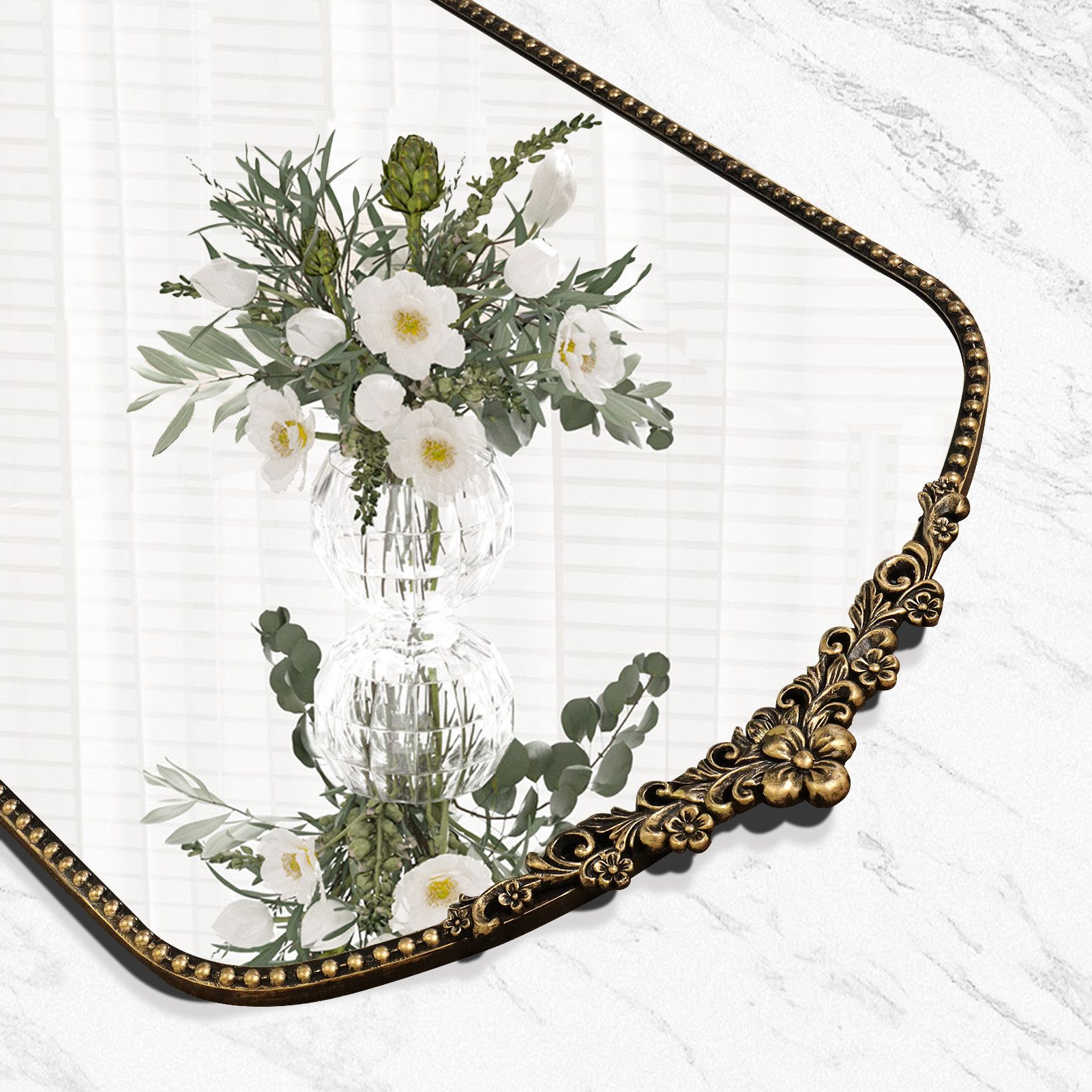 G-LEAF Spiegel Bogen-Wandspiegel im Barockstil, Metallrahmen mit Perlenverzierung (1-St), robusten Eisenrahmen und Harzornamenten, 90×60cm, Vintage-Schwarz – Bild 5 von 5