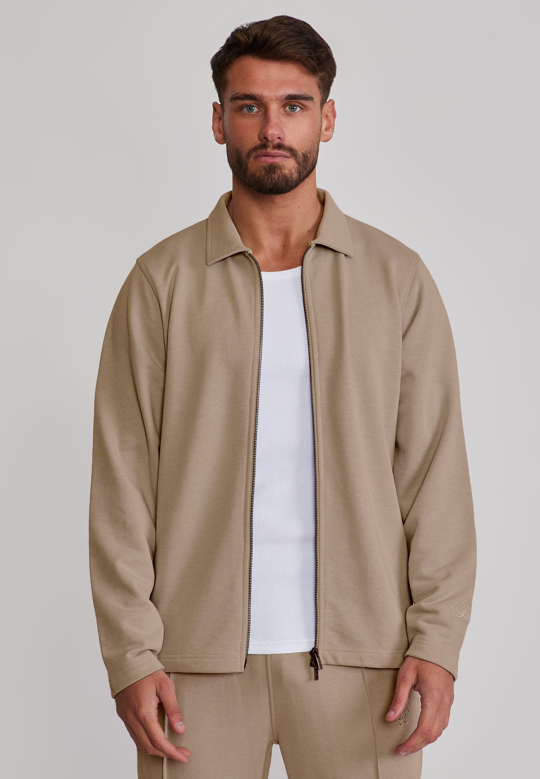 Kurzarmhemd SikSilk Herren Smart Overshirt in Stone