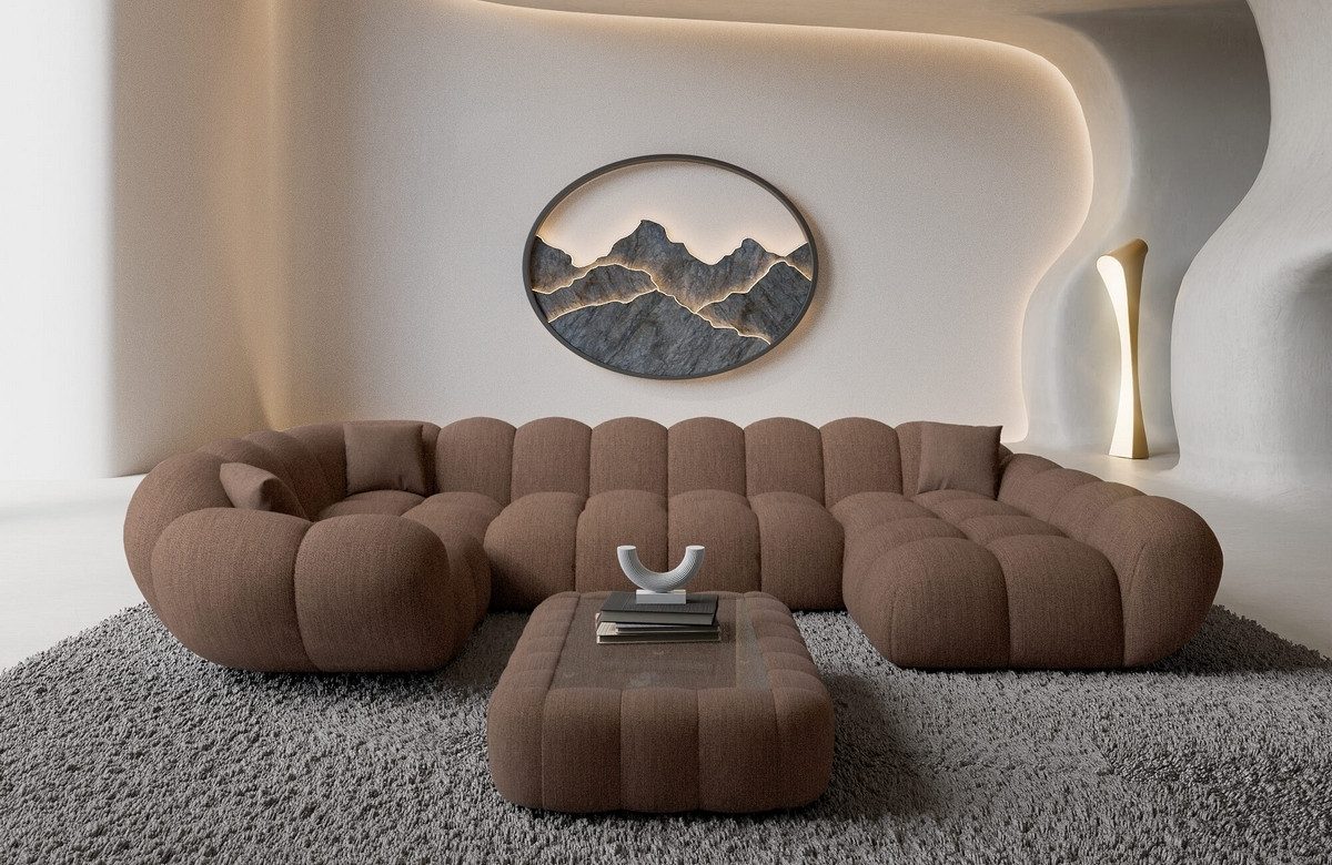 Sofa Dreams Wohnlandschaft Maleron U Form Design Stoffsofa, 6-Sitzer, Polsterecke, Ottomane rechts, Strukturstoff Braun
