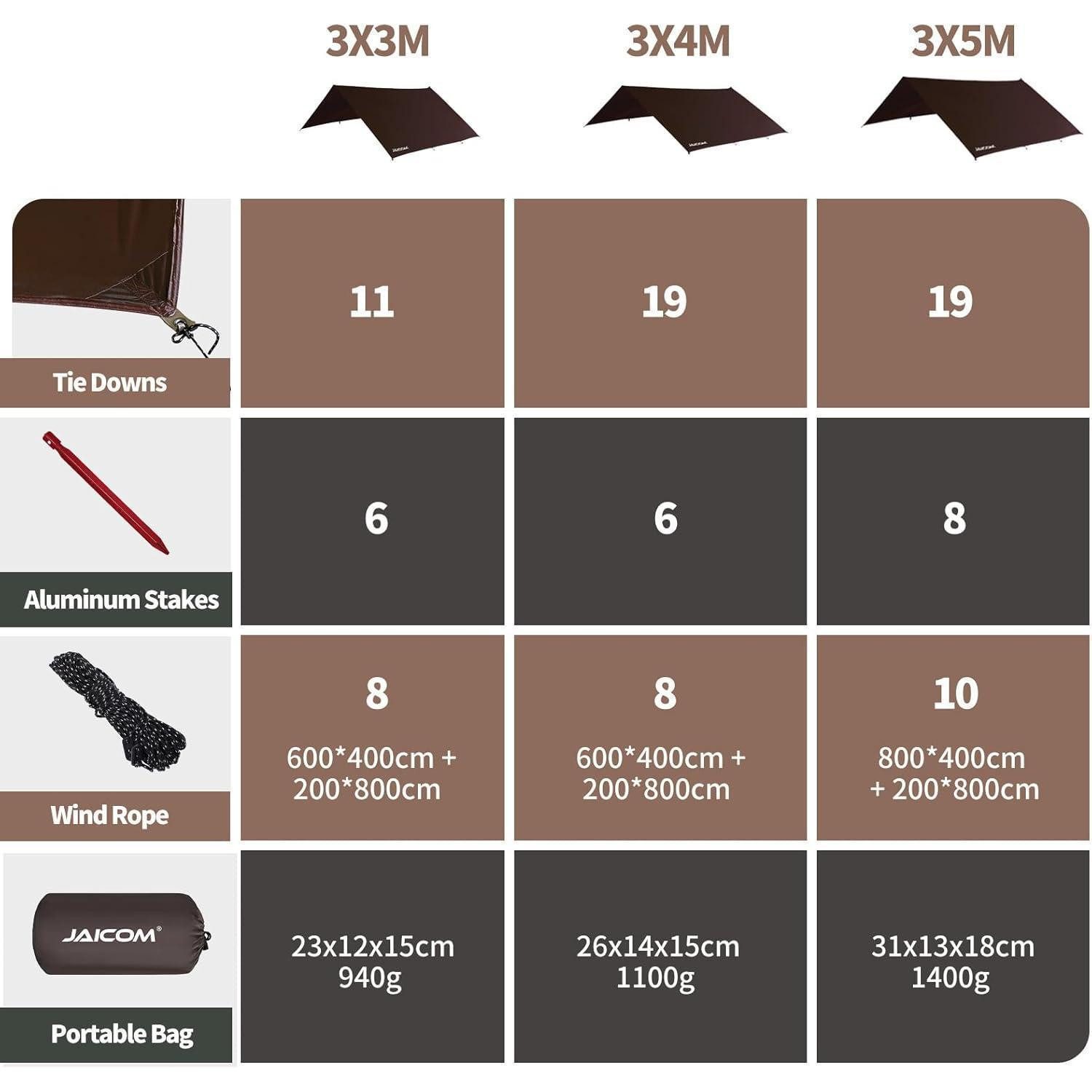 LuxusKollektion Tarp-Zelt Tarp wasserdicht ultraleicht Ösen Camping 3x3m 5x5m Braun 3 x 3 m