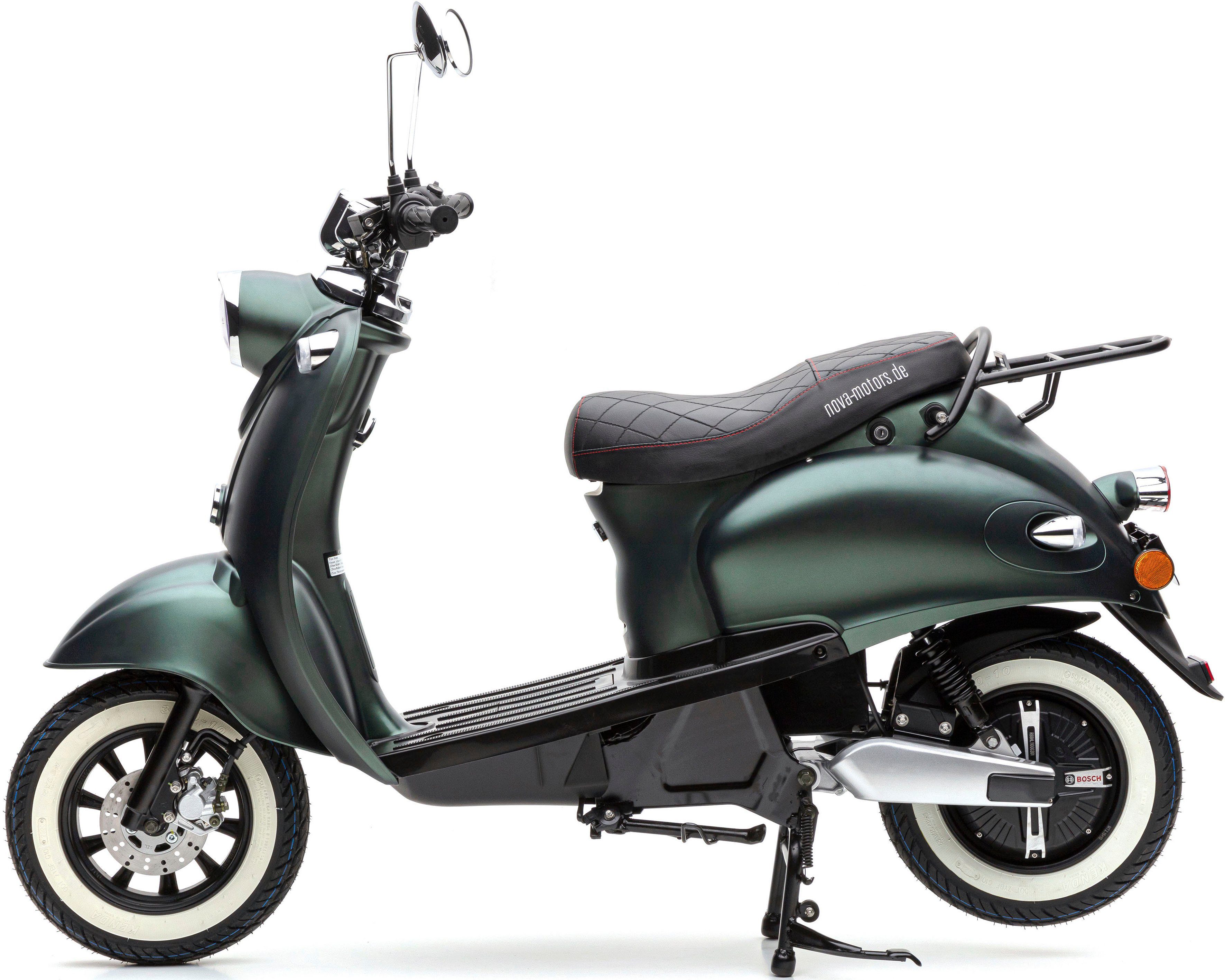 Nova Motors E-Motorroller km/h, Sitzbank Mit Weißwandreifen, grün eRetro 2000 Premium, Tacho digitalem W, gesteppter und Star 45 Li