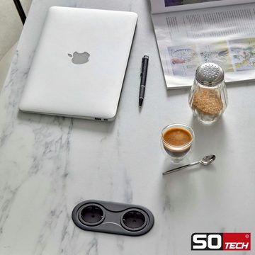 SO-TECH® Einbau Tischsteckdose mit Kabel und Stecker Einbau-Tischsteckdose, schwarz, oval, Doppelsteckdose